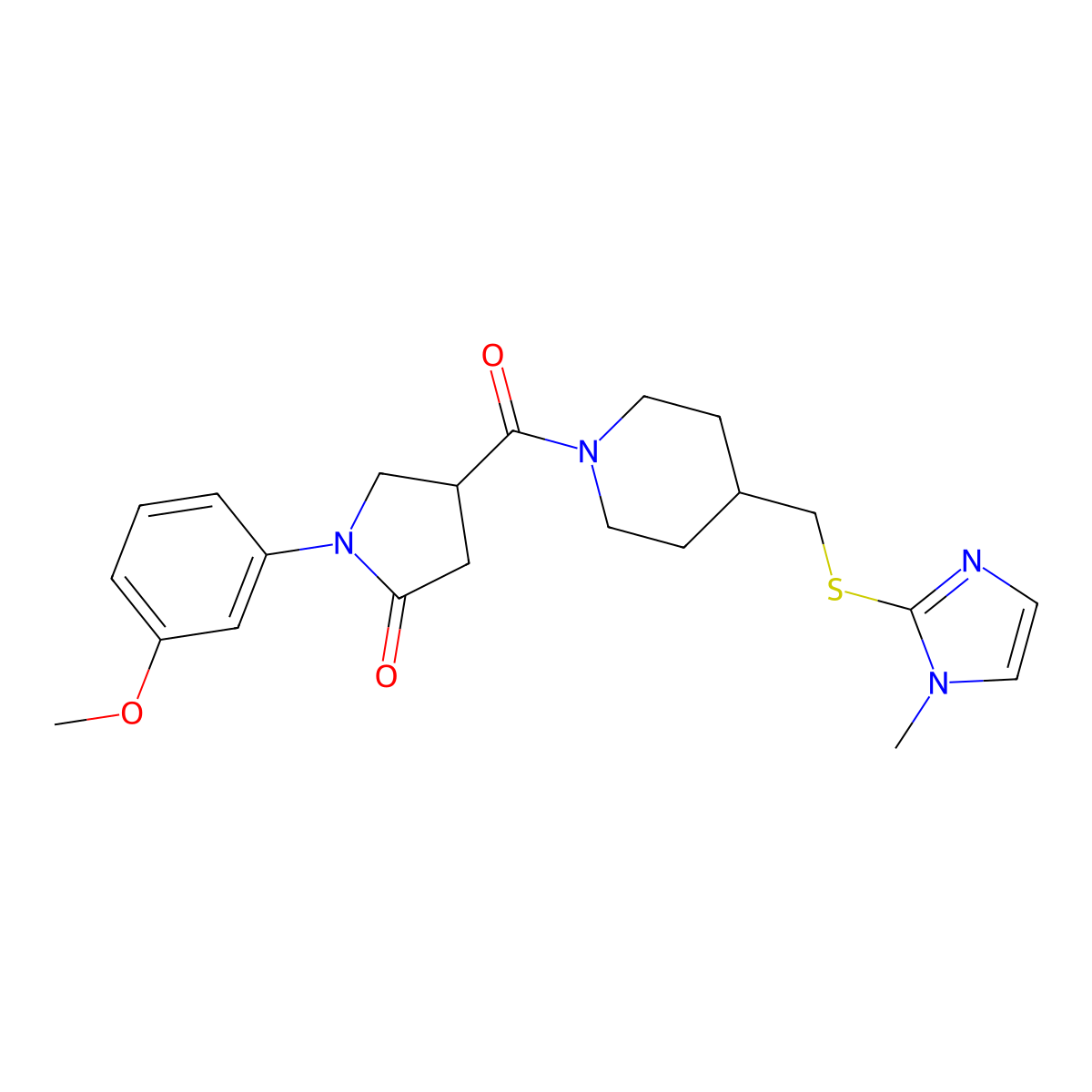 1-(3-methoxyphenyl)-4-(4-(((1-methyl-1H-imidazol-2-yl)thio)methyl)piperidine-1-carbonyl)pyrrolidin-2-one molecular structure, CAS 1428374-03-1