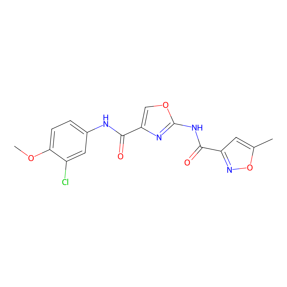 N-(4-((3-chloro-4-methoxyphenyl)carbamoyl)oxazol-2-yl)-5-methylisoxazole-3-carboxamide molecular structure, CAS 1428374-14-4