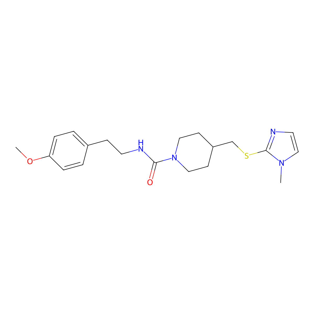 N-(4-methoxyphenethyl)-4-(((1-methyl-1H-imidazol-2-yl)thio)methyl)piperidine-1-carboxamide molecular structure, CAS 1428374-17-7