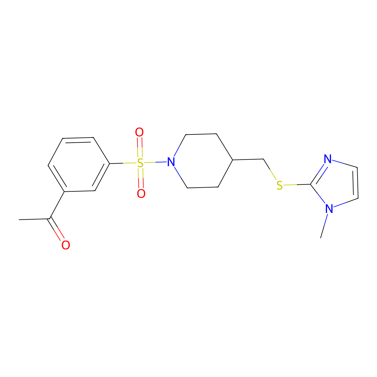 1-(3-((4-(((1-methyl-1H-imidazol-2-yl)thio)methyl)piperidin-1-yl)sulfonyl)phenyl)ethanone molecular structure, CAS 1428374-22-4