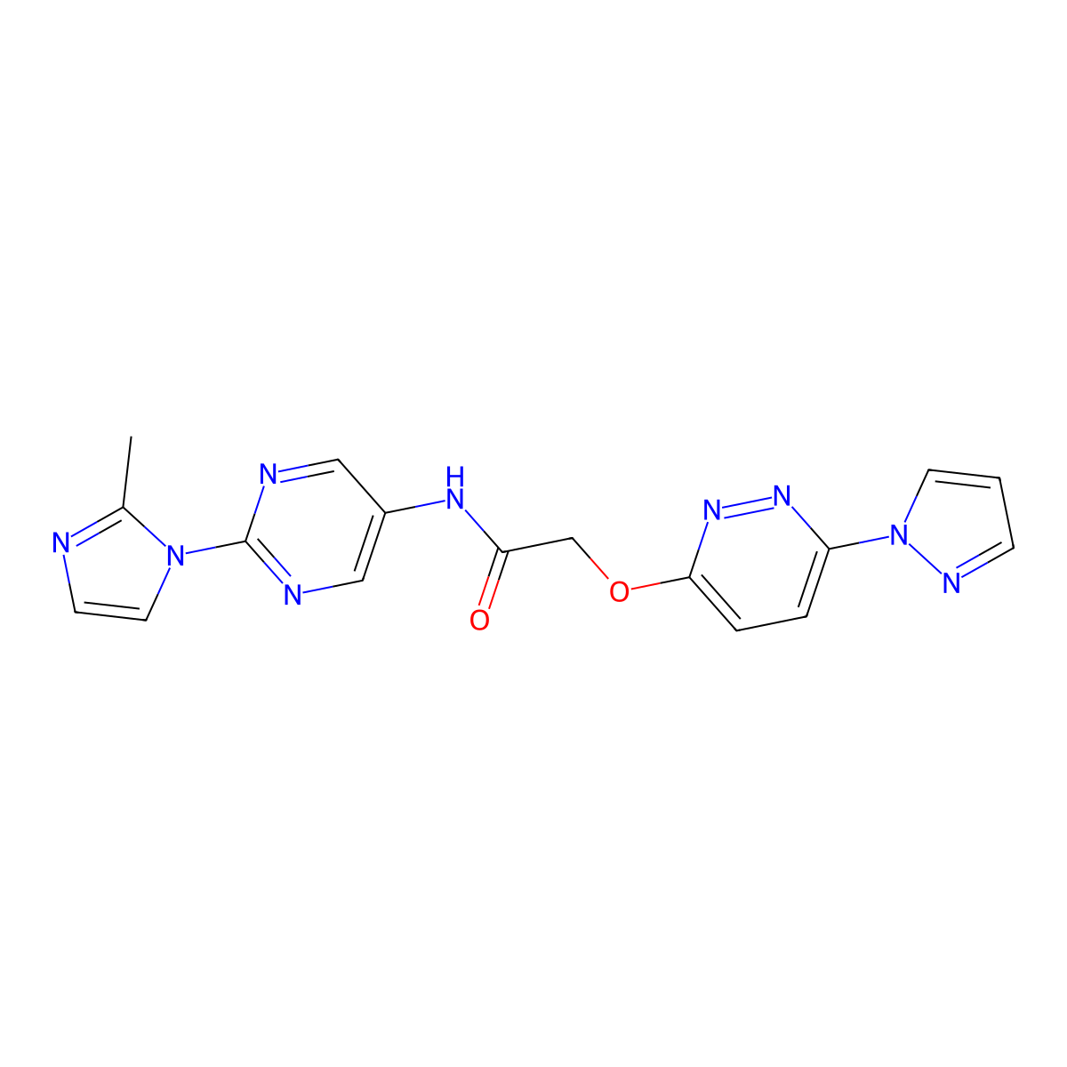 2-((6-(1H-pyrazol-1-yl)pyridazin-3-yl)oxy)-N-(2-(2-methyl-1H-imidazol-1-yl)pyrimidin-5-yl)acetamide molecular structure, CAS 1428374-23-5