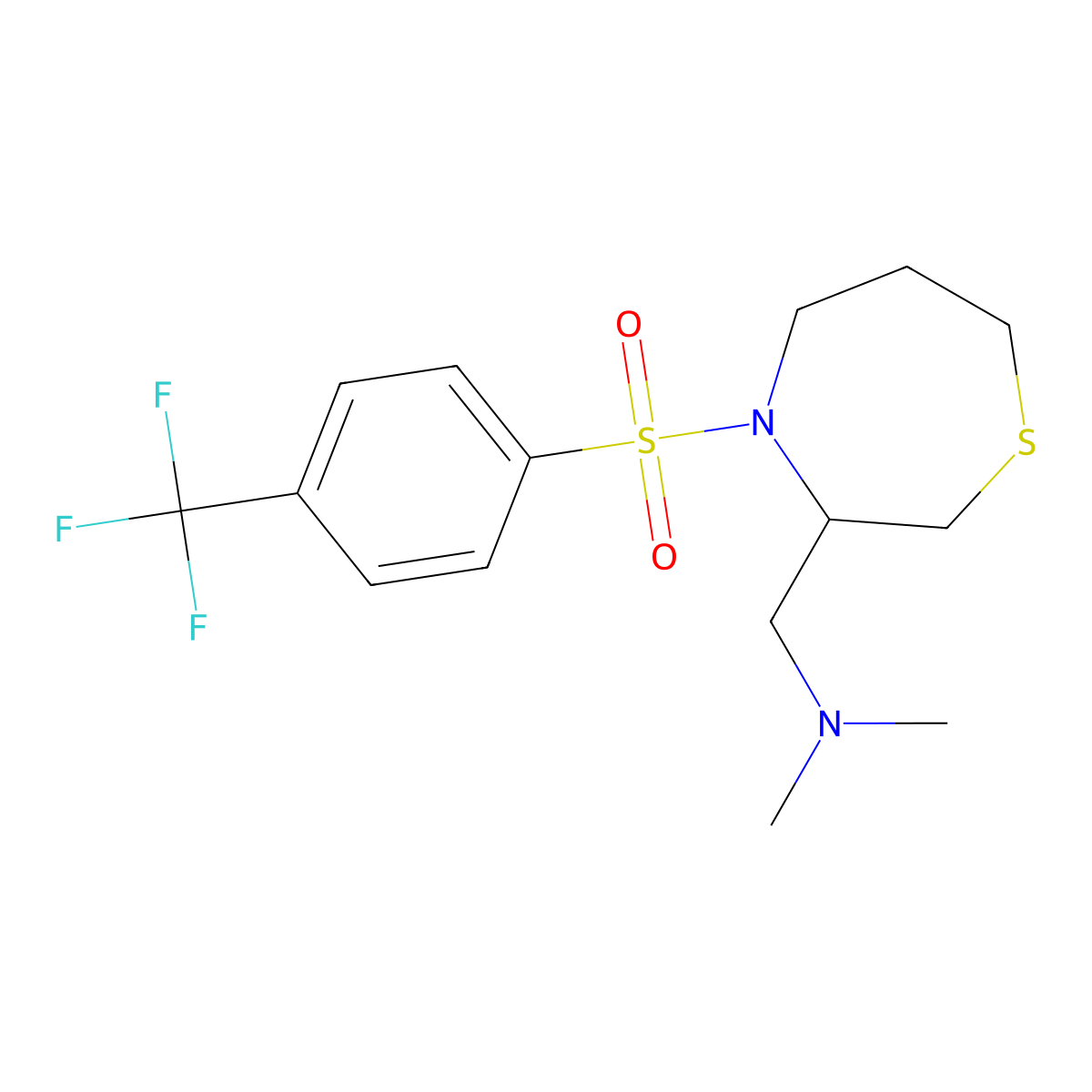 N,N-dimethyl-1-(4-((4-(trifluoromethyl)phenyl)sulfonyl)-1,4-thiazepan-3-yl)methanamine molecular structure, CAS 1428374-43-9