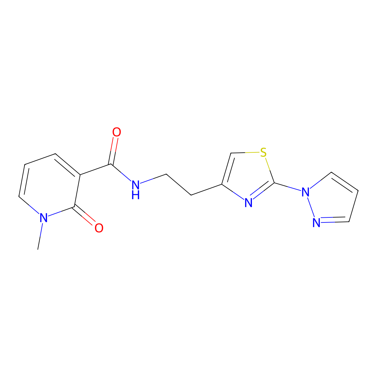 N-(2-(2-(1H-pyrazol-1-yl)thiazol-4-yl)ethyl)-1-methyl-2-oxo-1,2-dihydropyridine-3-carboxamide molecular structure, CAS 1428374-51-9