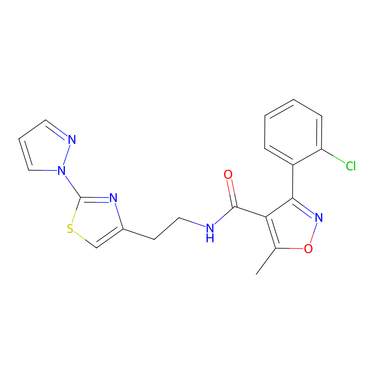 N-(2-(2-(1H-pyrazol-1-yl)thiazol-4-yl)ethyl)-3-(2-chlorophenyl)-5-methylisoxazole-4-carboxamide molecular structure, CAS 1428374-53-1