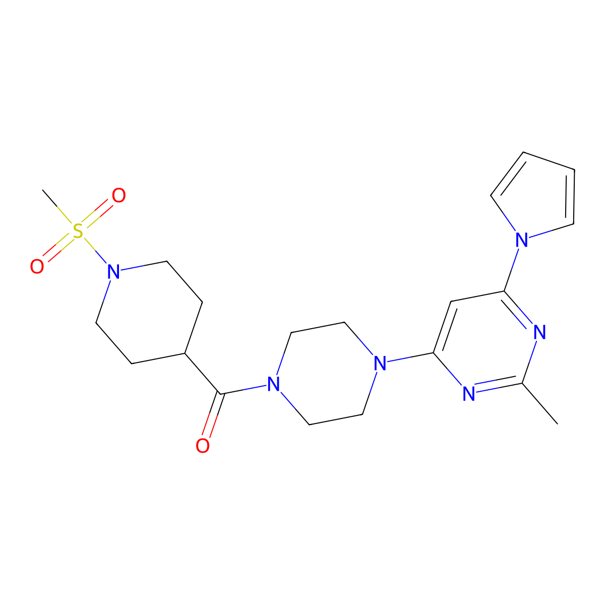 (4-(2-methyl-6-(1H-pyrrol-1-yl)pyrimidin-4-yl)piperazin-1-yl)(1-(methylsulfonyl)piperidin-4-yl)methanone molecular structure, CAS 1428374-55-3