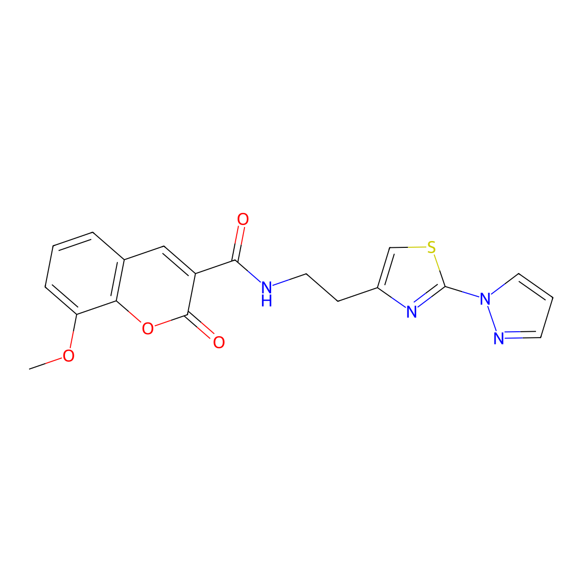 N-(2-(2-(1H-pyrazol-1-yl)thiazol-4-yl)ethyl)-8-methoxy-2-oxo-2H-chromene-3-carboxamide molecular structure, CAS 1428374-61-1