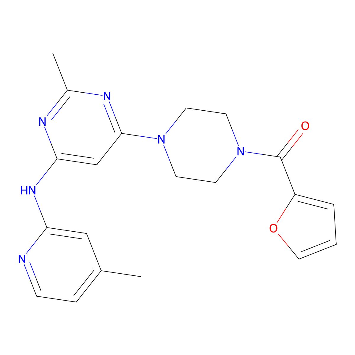 Furan-2-yl(4-(2-methyl-6-((4-methylpyridin-2-yl)amino)pyrimidin-4-yl)piperazin-1-yl)methanone molecular structure, CAS 1428374-65-5