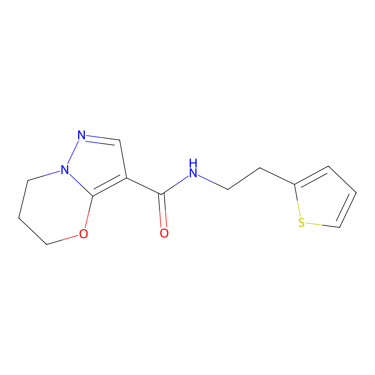 N-(2-(thiophen-2-yl)ethyl)-6,7-dihydro-5H-pyrazolo[5,1-b][1,3]oxazine-3-carboxamide molecular structure, CAS 1428374-76-8
