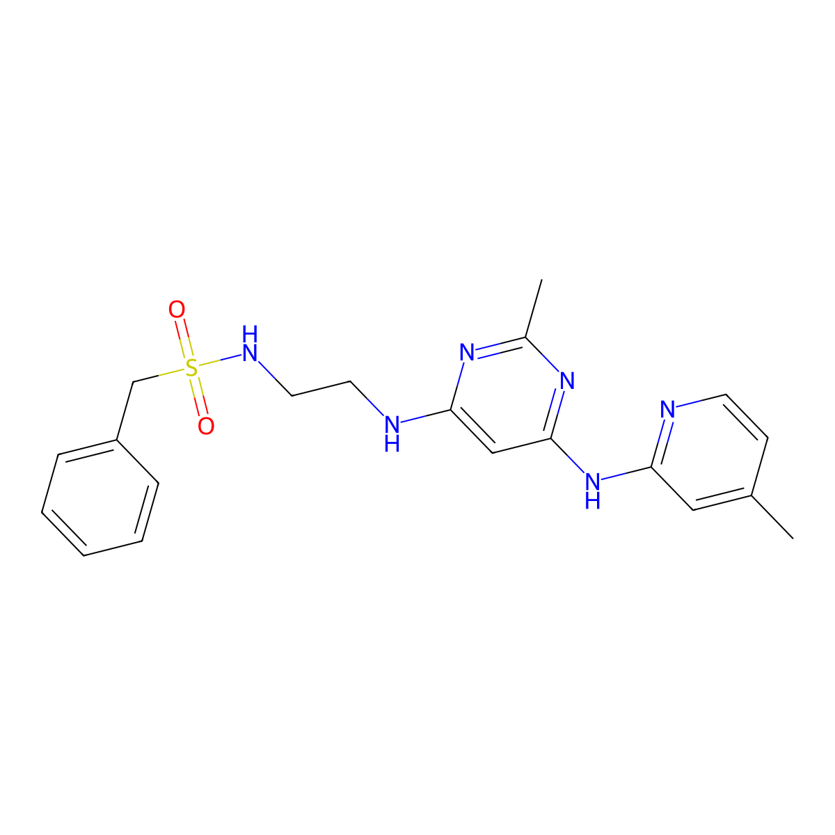 N-(2-((2-methyl-6-((4-methylpyridin-2-yl)amino)pyrimidin-4-yl)amino)ethyl)-1-phenylmethanesulfonamide molecular structure, CAS 1428374-83-7