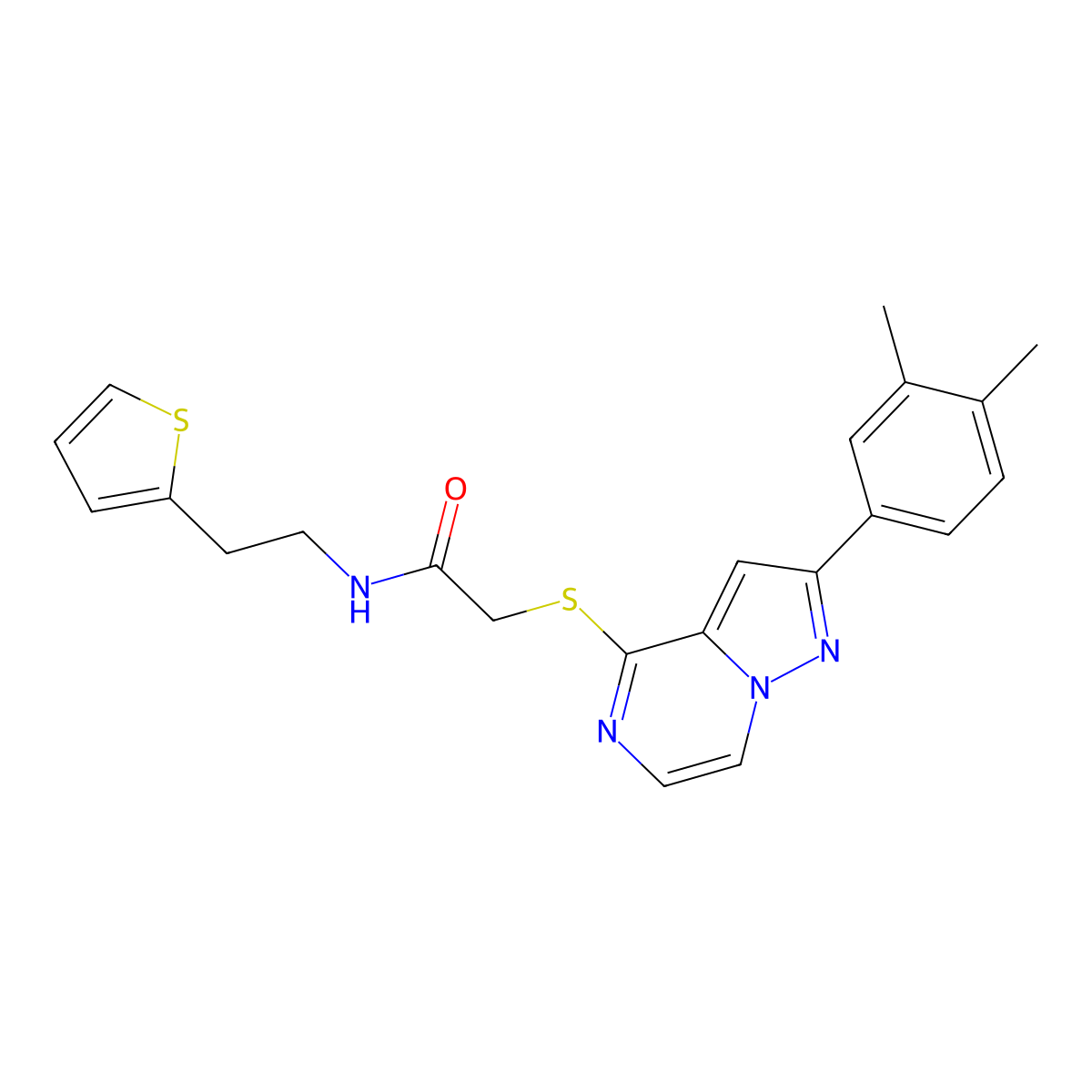 2-{[2-(3,4-Dimethylphenyl)pyrazolo[1,5-A]pyrazin-4-YL]sulfanyl}-N-[2-(thiophen-2-YL)ethyl]acetamide molecular structure, CAS 1428374-98-4