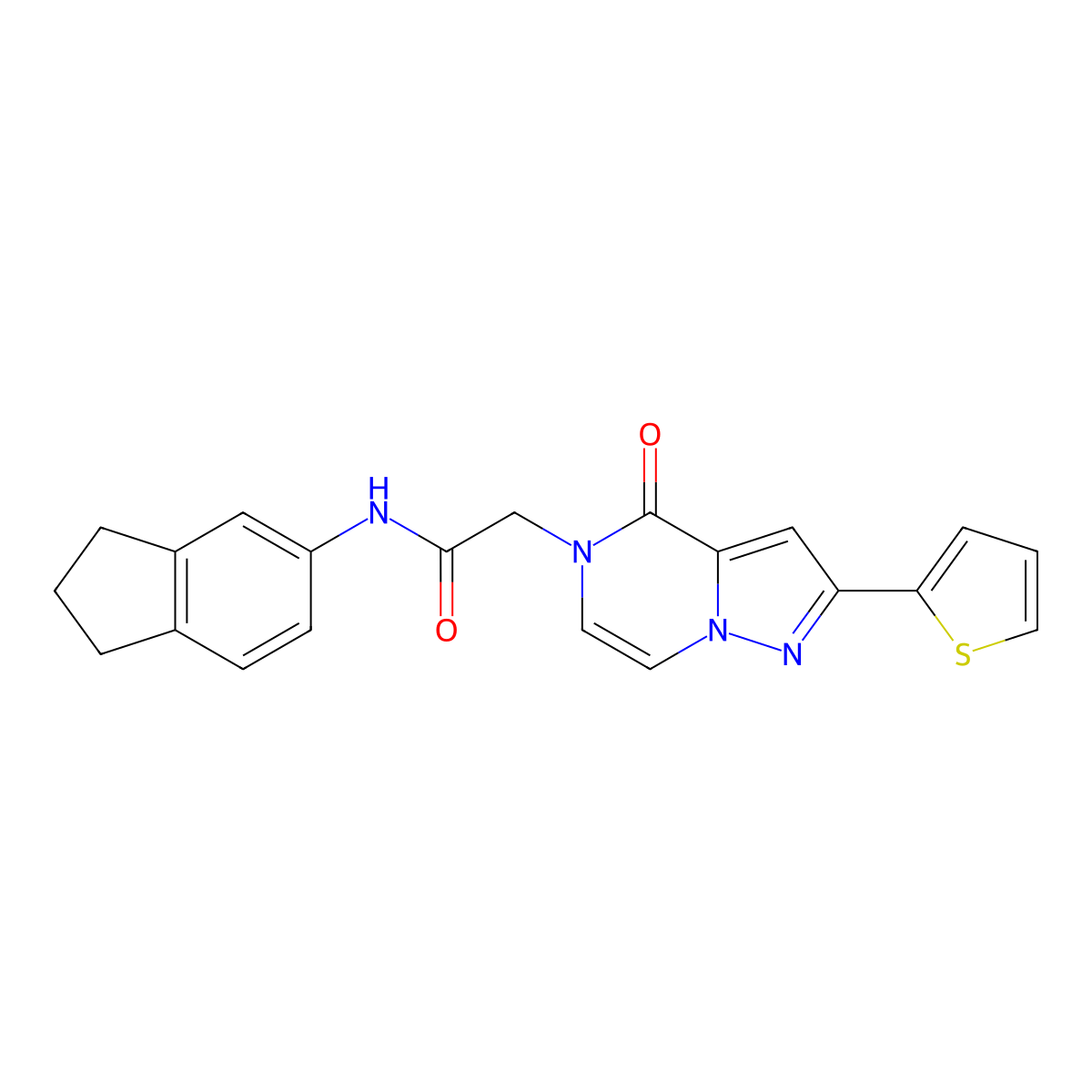 N-(2,3-dihydro-1H-inden-5-yl)-2-(4-oxo-2-(thiophen-2-yl)pyrazolo[1,5-a]pyrazin-5(4H)-yl)acetamide molecular structure, CAS 1428374-99-5
