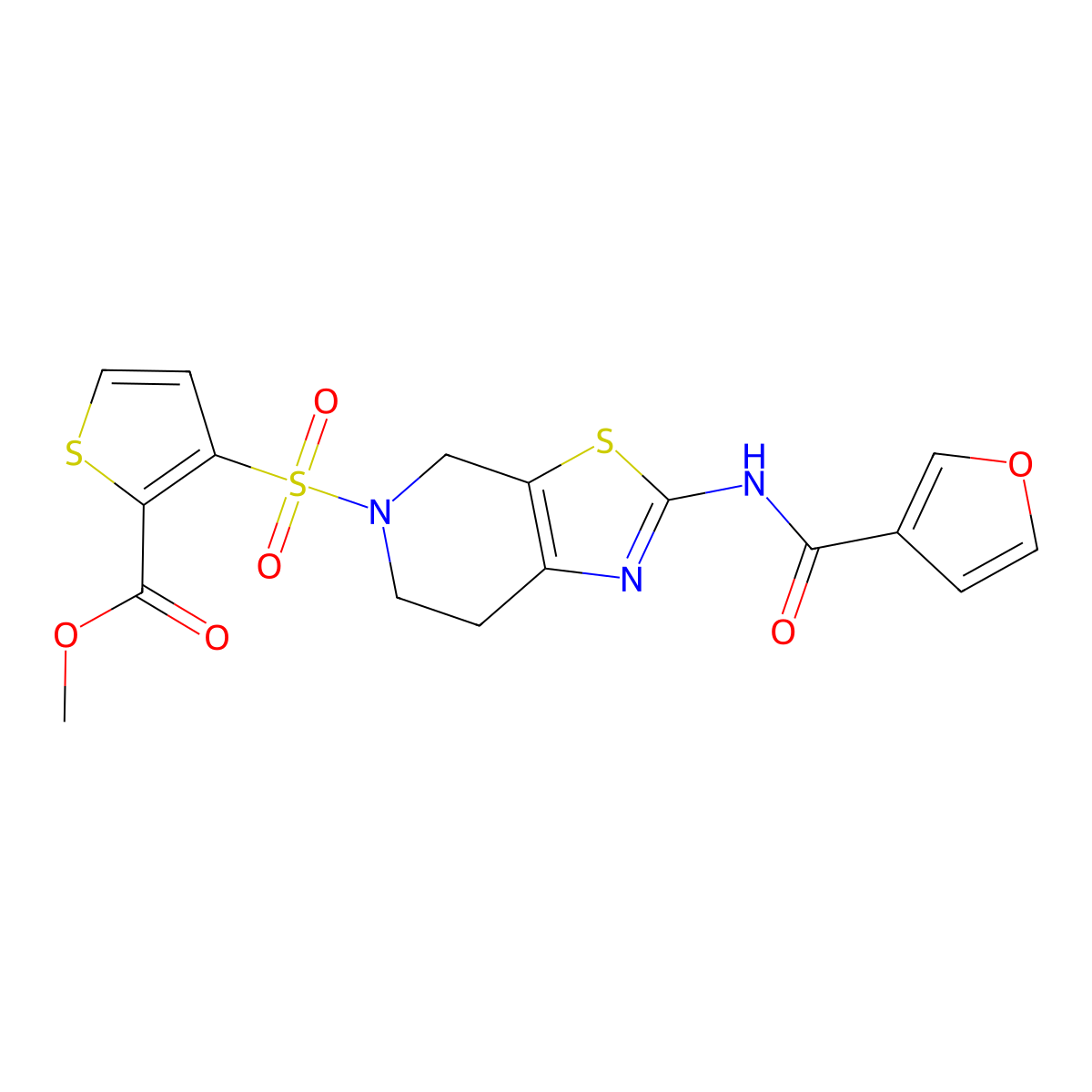 methyl 3-((2-(furan-3-carboxamido)-6,7-dihydrothiazolo[5,4-c]pyridin-5(4H)-yl)sulfonyl)thiophene-2-carboxylate molecular structure, CAS 1428375-02-3