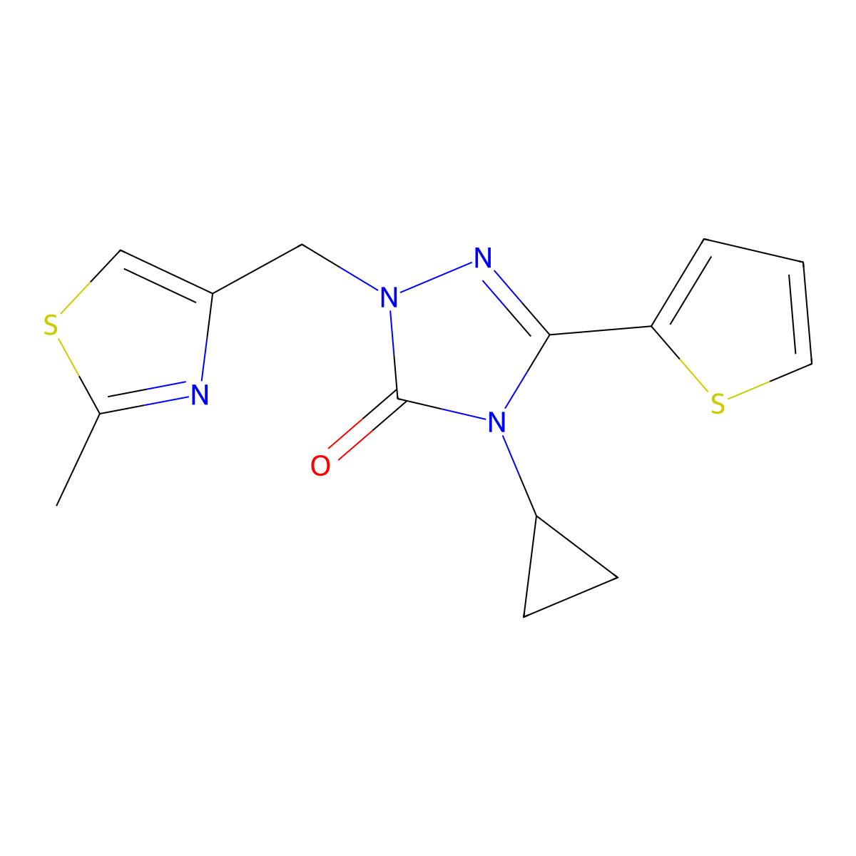 4-cyclopropyl-1-((2-methylthiazol-4-yl)methyl)-3-(thiophen-2-yl)-1H-1,2,4-triazol-5(4H)-one molecular structure, CAS 1428375-16-9