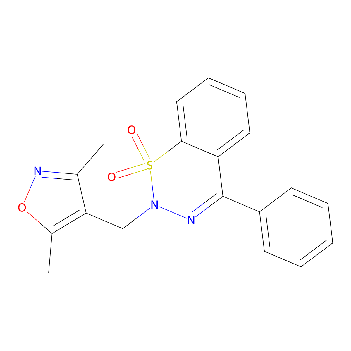 2-((3,5-dimethylisoxazol-4-yl)methyl)-4-phenyl-2H-benzo[e][1,2,3]thiadiazine 1,1-dioxide molecular structure, CAS 1428375-19-2
