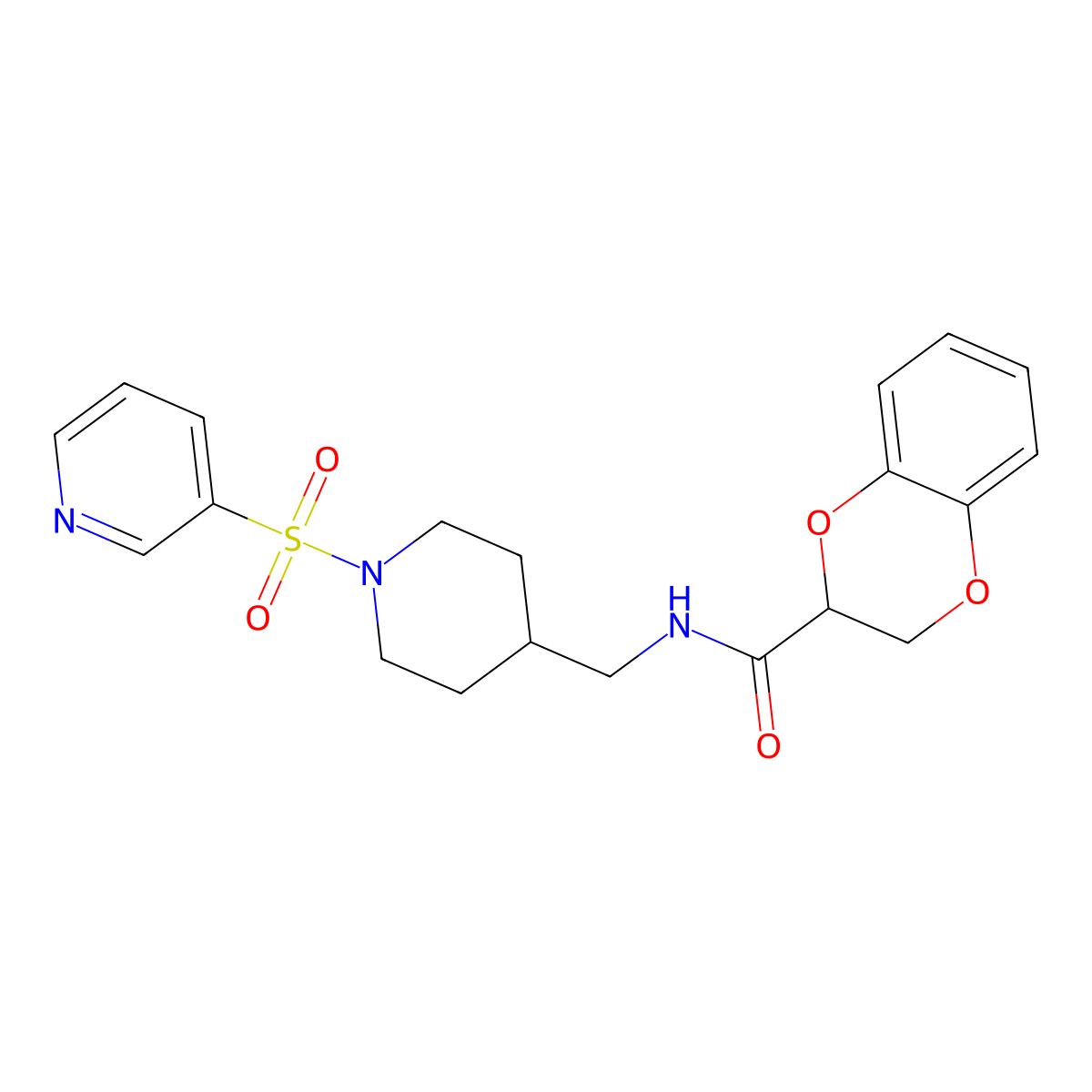 N-((1-(pyridin-3-ylsulfonyl)piperidin-4-yl)methyl)-2,3-dihydrobenzo[b][1,4]dioxine-2-carboxamide molecular structure, CAS 1428375-26-1