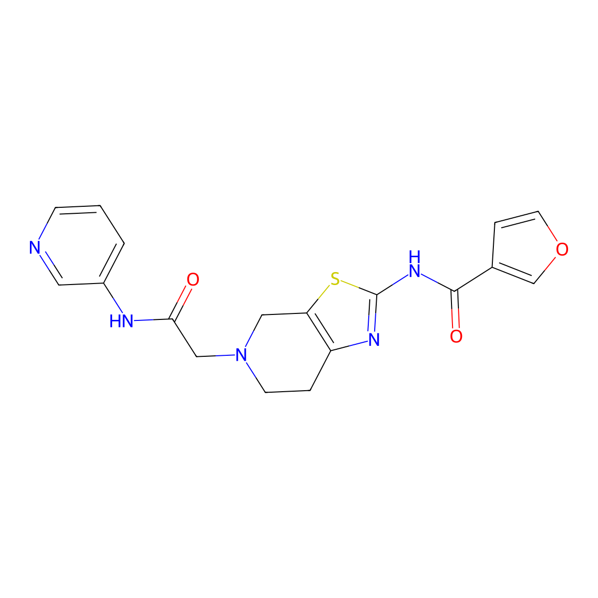 N-(5-(2-oxo-2-(pyridin-3-ylamino)ethyl)-4,5,6,7-tetrahydrothiazolo[5,4-c]pyridin-2-yl)furan-3-carboxamide molecular structure, CAS 1428375-36-3