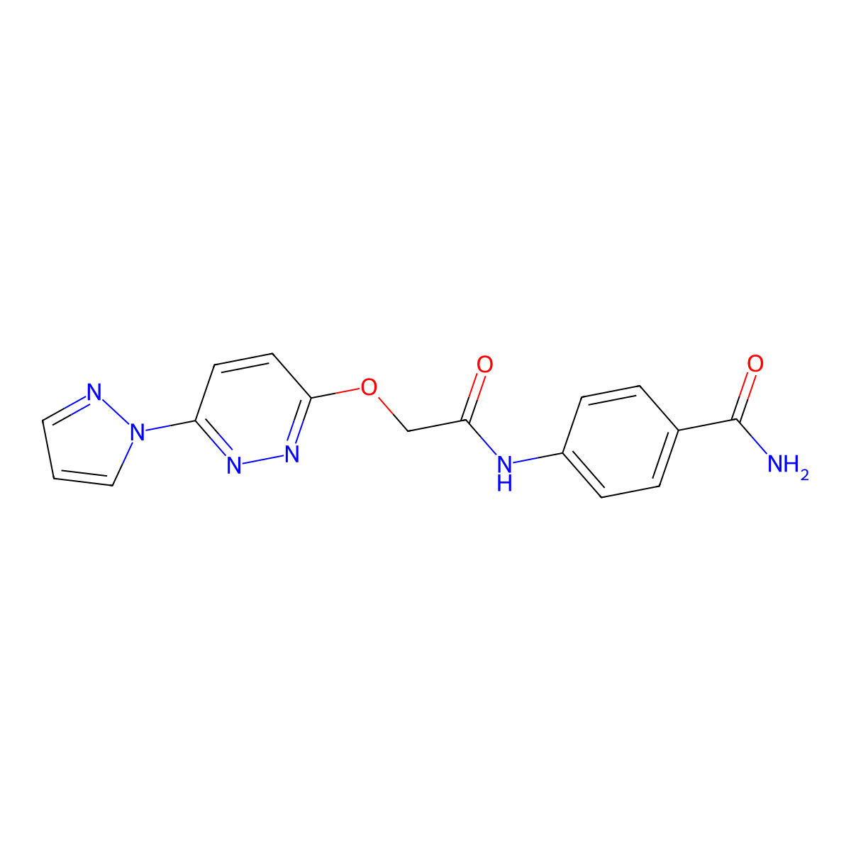 4-(2-((6-(1H-pyrazol-1-yl)pyridazin-3-yl)oxy)acetamido)benzamide molecular structure, CAS 1428375-46-5