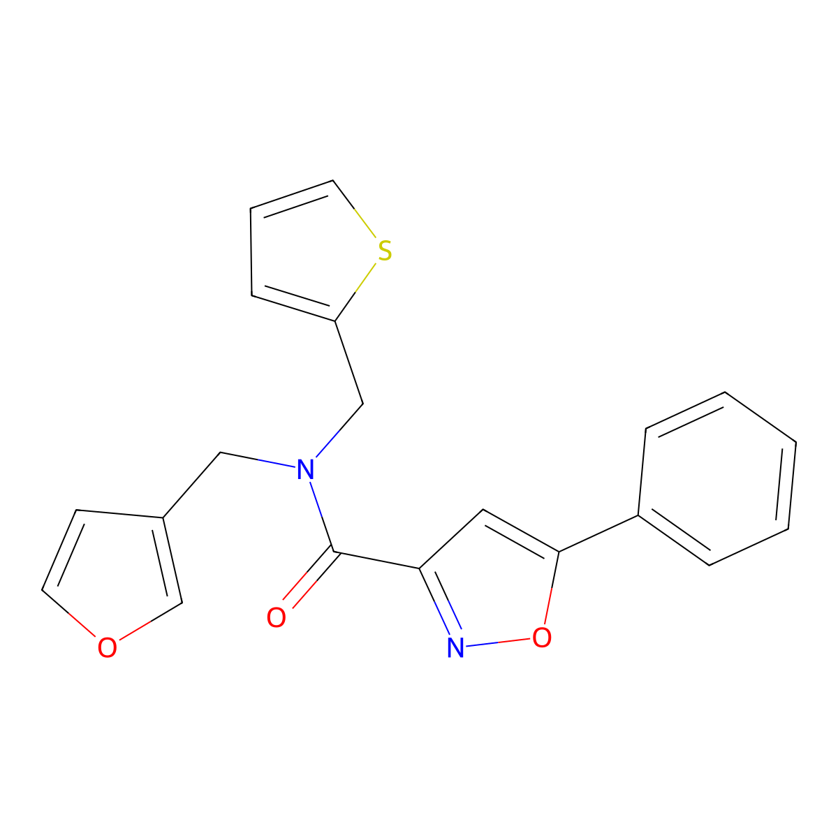 N-(furan-3-ylmethyl)-5-phenyl-N-(thiophen-2-ylmethyl)isoxazole-3-carboxamide molecular structure, CAS 1428375-53-4