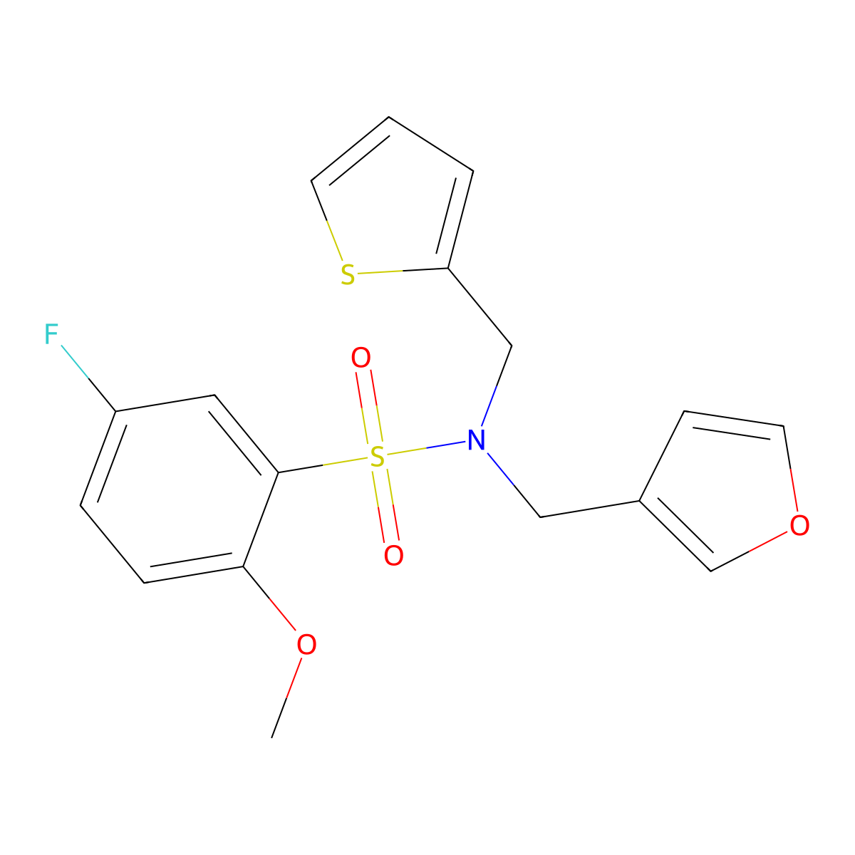 5-fluoro-N-(furan-3-ylmethyl)-2-methoxy-N-(thiophen-2-ylmethyl)benzenesulfonamide molecular structure, CAS 1428375-56-7