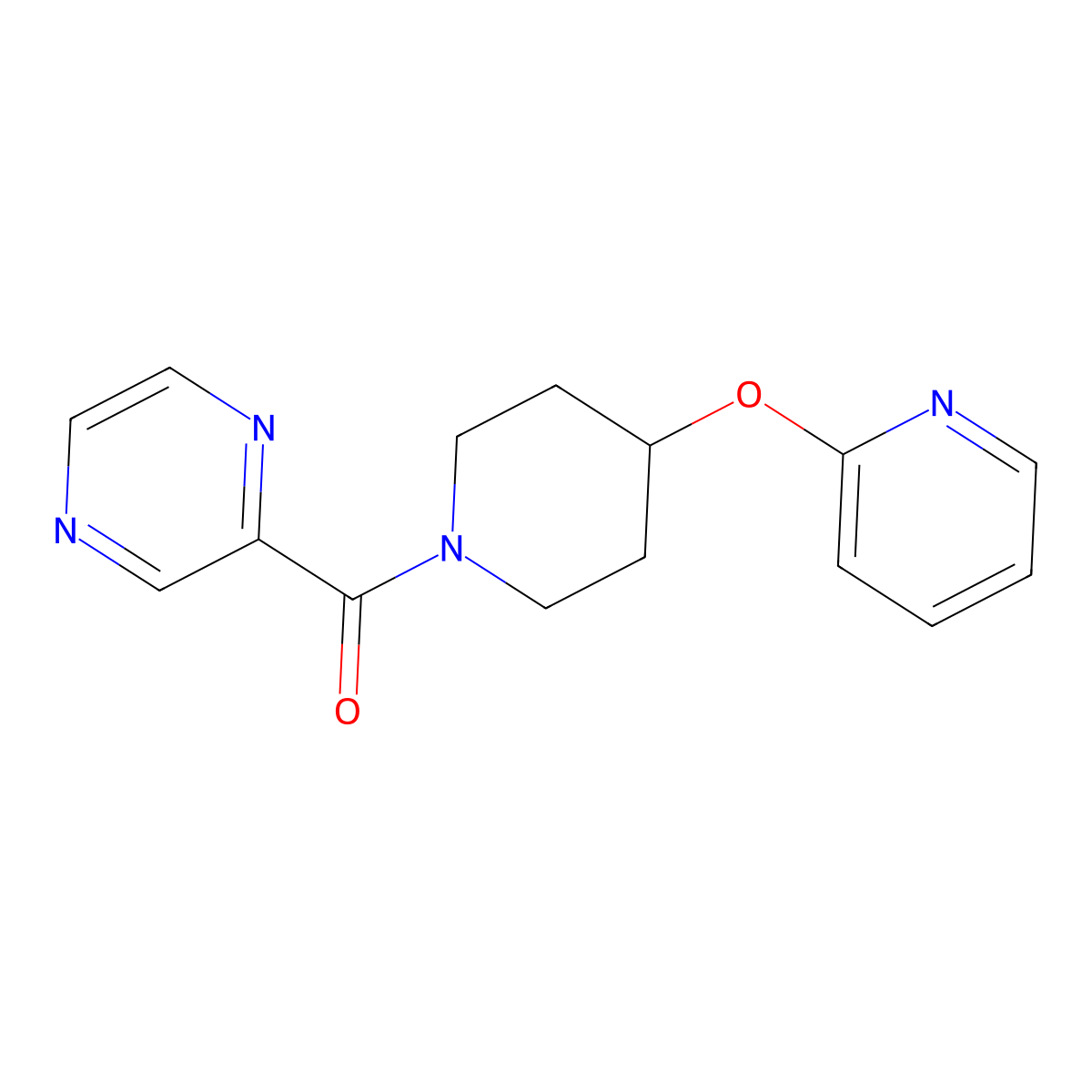 Pyrazin-2-yl(4-(pyridin-2-yloxy)piperidin-1-yl)methanone molecular structure, CAS 1428375-62-5