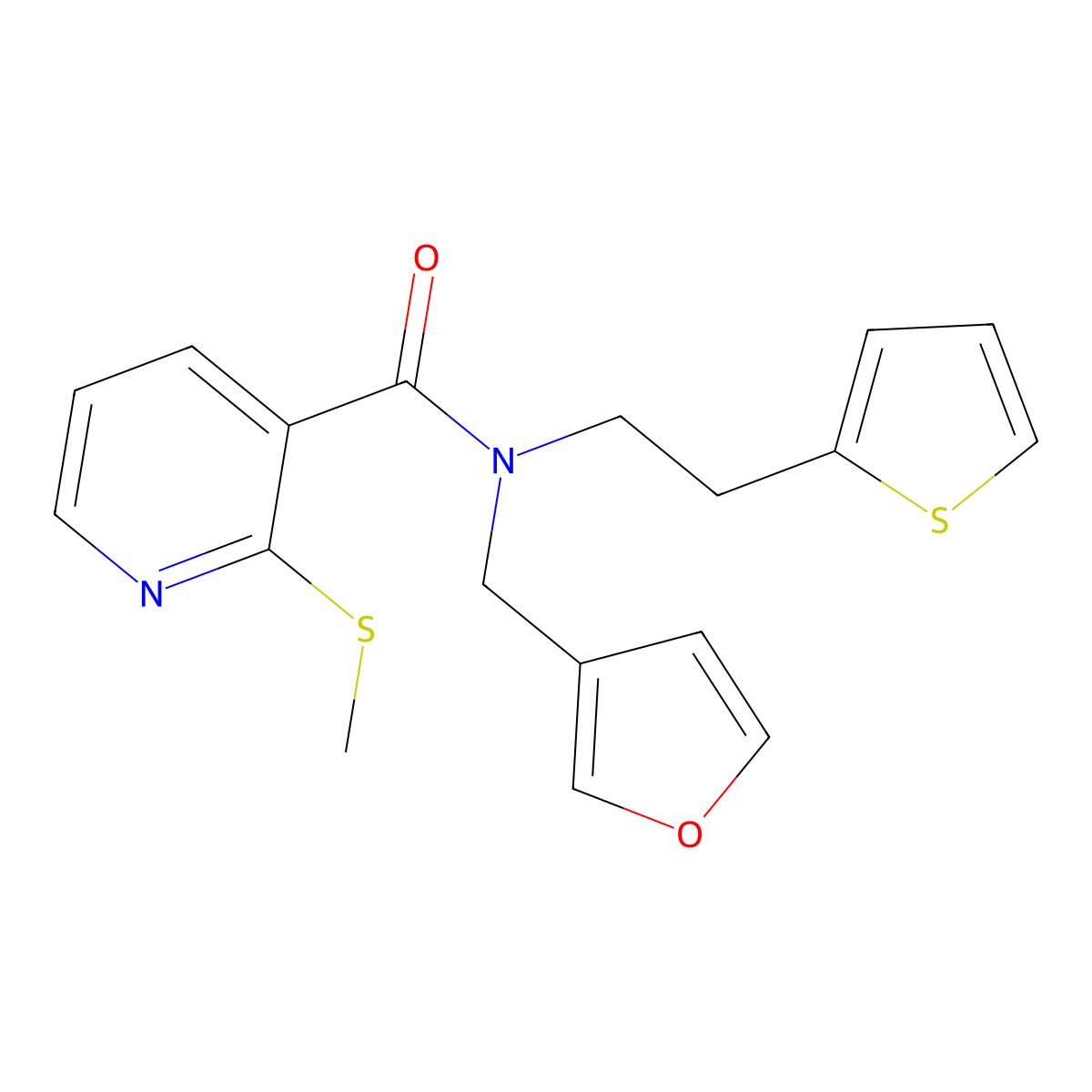 N-(furan-3-ylmethyl)-2-(methylthio)-N-(2-(thiophen-2-yl)ethyl)nicotinamide molecular structure, CAS 1428375-63-6