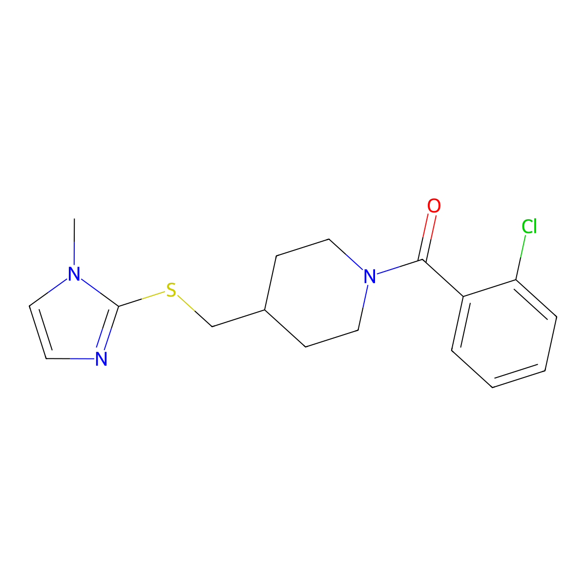 (2-chlorophenyl)(4-(((1-methyl-1H-imidazol-2-yl)thio)methyl)piperidin-1-yl)methanone molecular structure, CAS 1428375-64-7