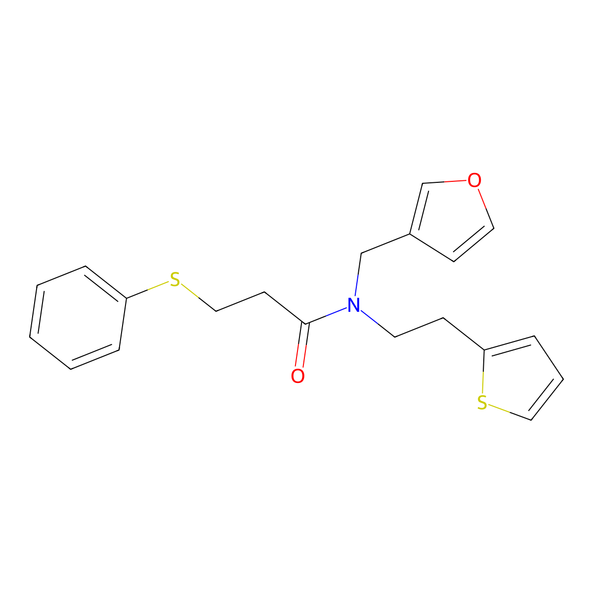 N-(furan-3-ylmethyl)-3-(phenylthio)-N-(2-(thiophen-2-yl)ethyl)propanamide molecular structure, CAS 1428375-65-8