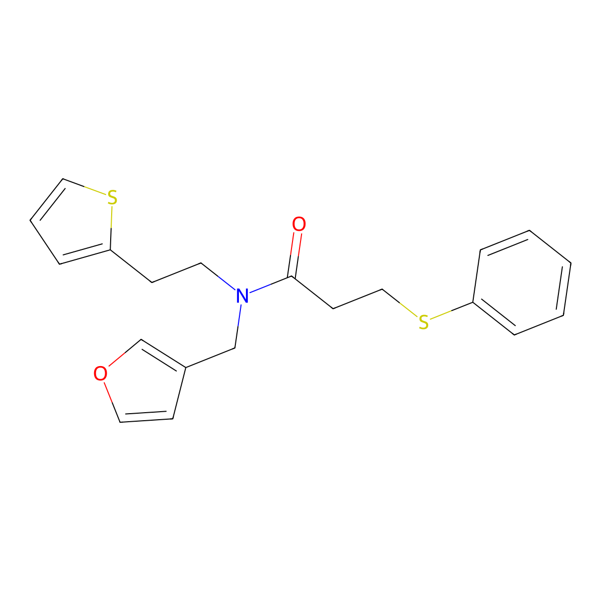N-(furan-3-ylmethyl)-3-(phenylthio)-N-(2-(thiophen-2-yl)ethyl)propanamide molecular structure, CAS 1428375-65-8