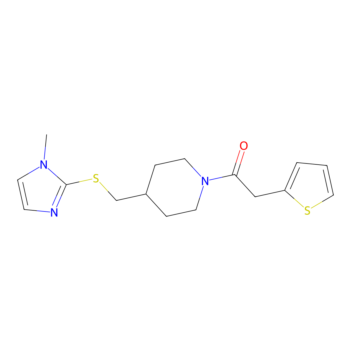 1-(4-(((1-methyl-1H-imidazol-2-yl)thio)methyl)piperidin-1-yl)-2-(thiophen-2-yl)ethanone molecular structure, CAS 1428375-68-1