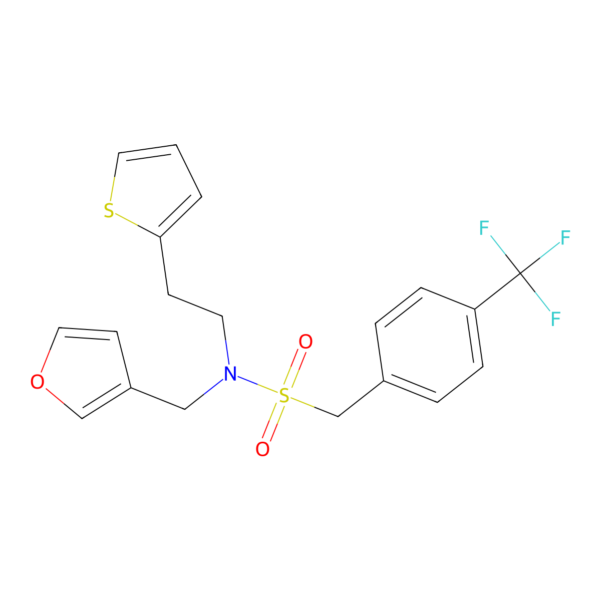 N-(furan-3-ylmethyl)-N-(2-(thiophen-2-yl)ethyl)-1-(4-(trifluoromethyl)phenyl)methanesulfonamide molecular structure, CAS 1428375-72-7