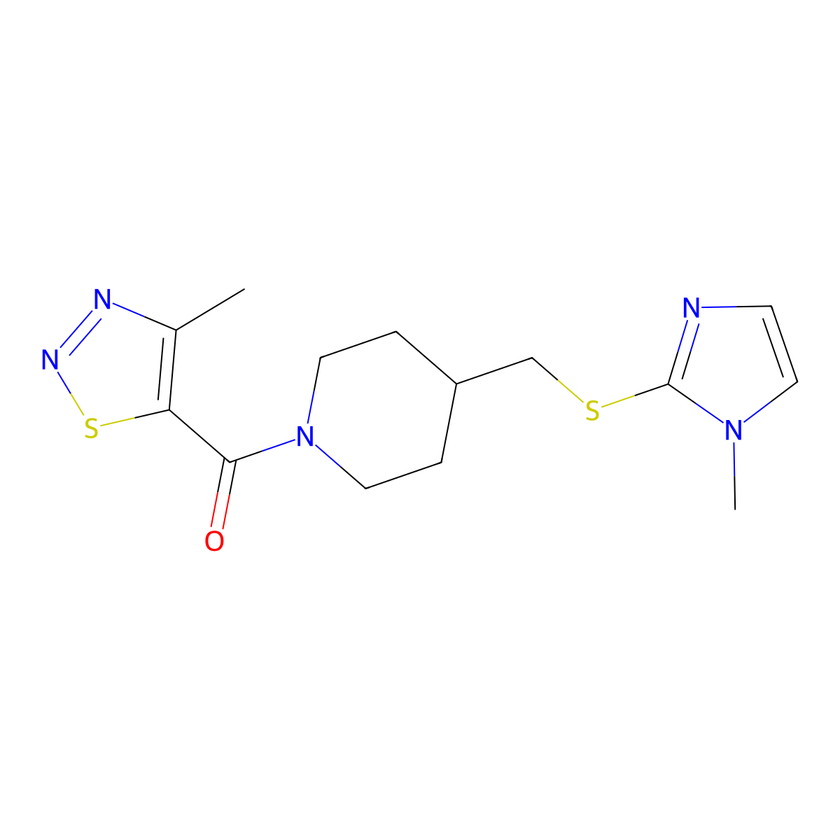 (4-methyl-1,2,3-thiadiazol-5-yl)(4-(((1-methyl-1H-imidazol-2-yl)thio)methyl)piperidin-1-yl)methanone molecular structure, CAS 1428375-74-9