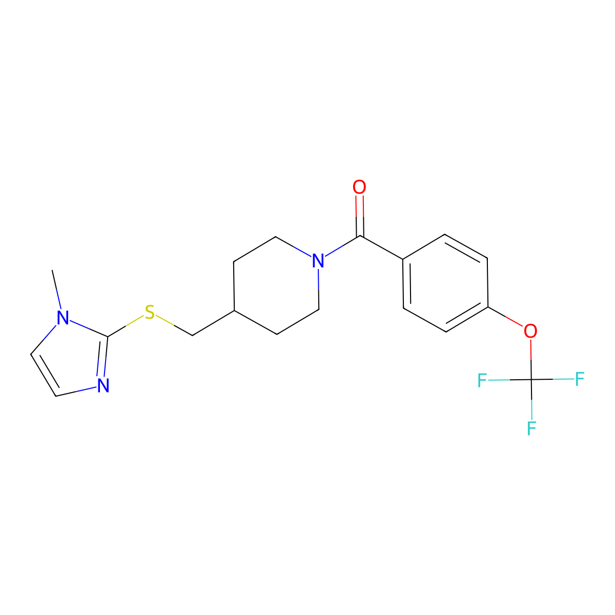 (4-(((1-methyl-1H-imidazol-2-yl)thio)methyl)piperidin-1-yl)(4-(trifluoromethoxy)phenyl)methanone molecular structure, CAS 1428375-78-3