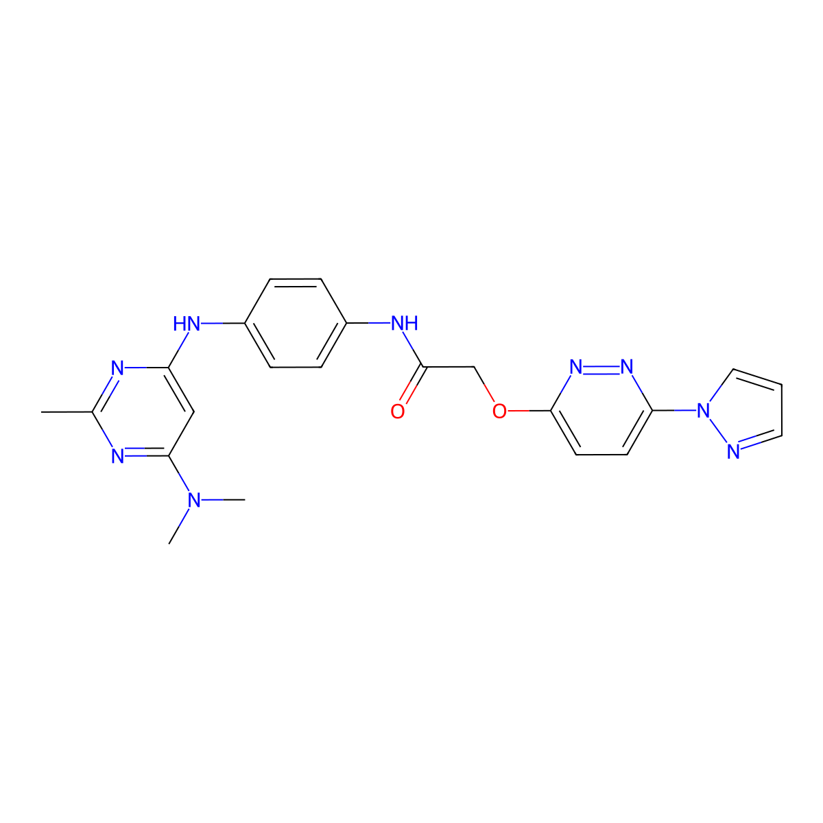 2-((6-(1H-pyrazol-1-yl)pyridazin-3-yl)oxy)-N-(4-((6-(dimethylamino)-2-methylpyrimidin-4-yl)amino)phenyl)acetamide molecular structure, CAS 1428375-83-0