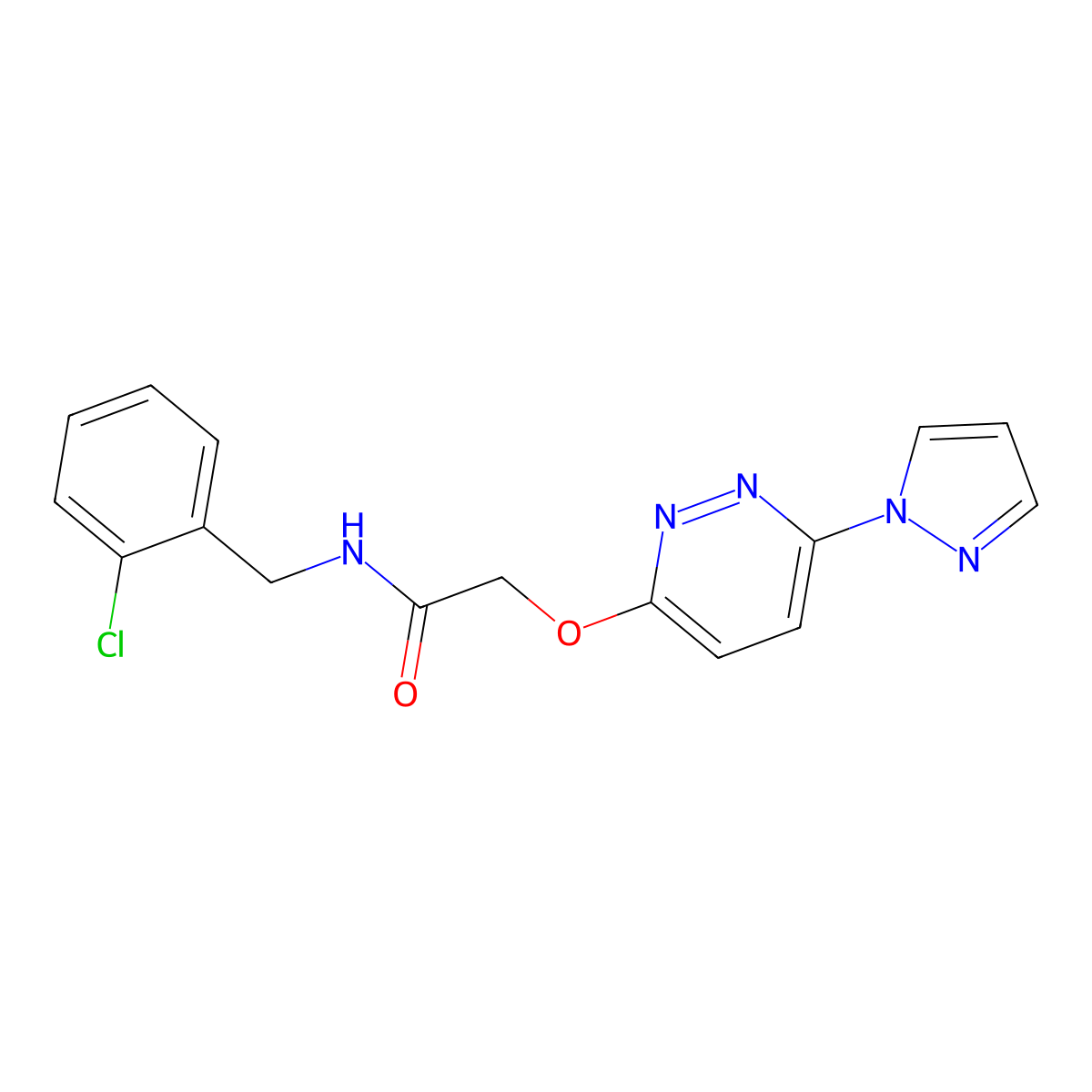 2-((6-(1H-pyrazol-1-yl)pyridazin-3-yl)oxy)-N-(2-chlorobenzyl)acetamide molecular structure, CAS 1428375-86-3