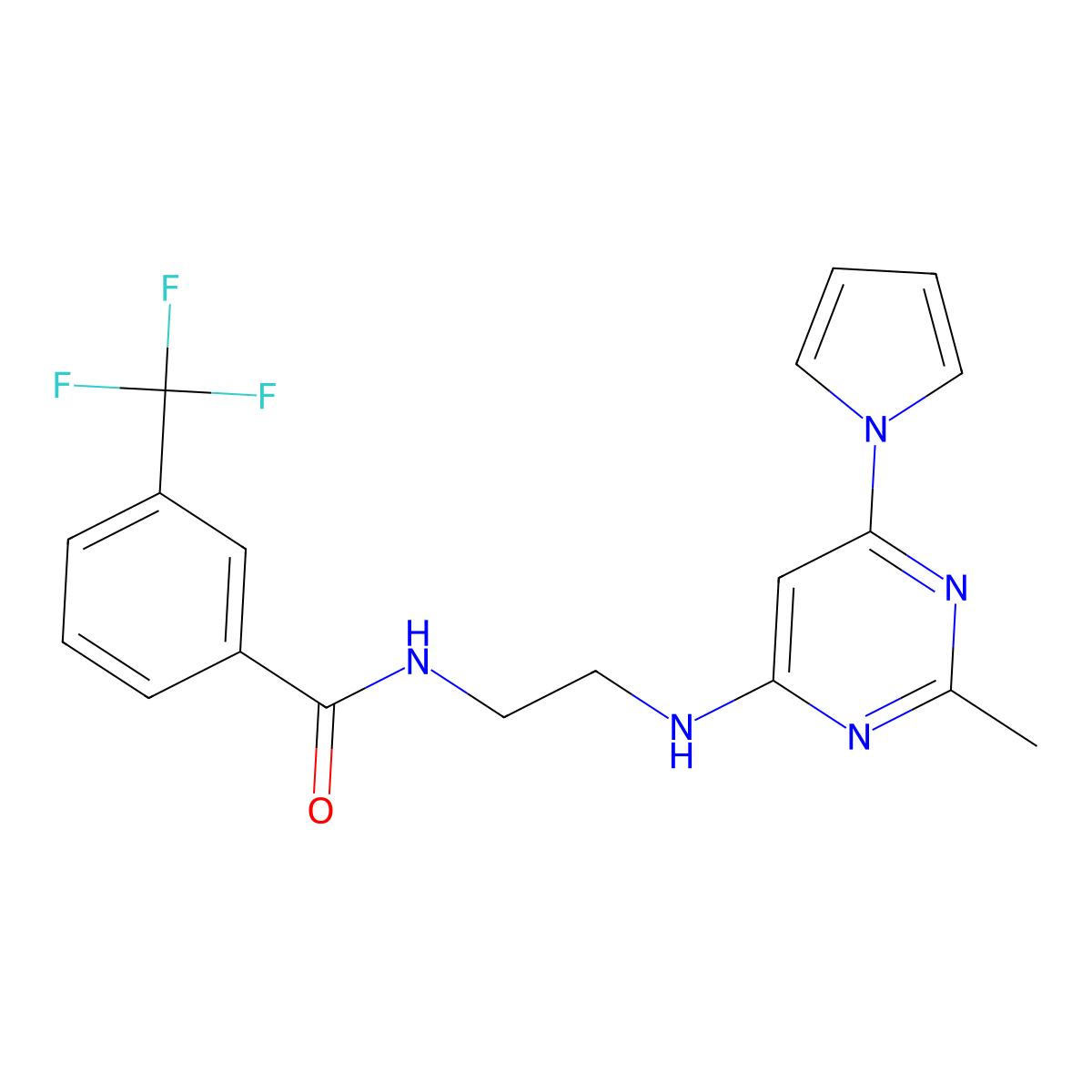 N-(2-((2-methyl-6-(1H-pyrrol-1-yl)pyrimidin-4-yl)amino)ethyl)-3-(trifluoromethyl)benzamide molecular structure, CAS 1428378-04-4