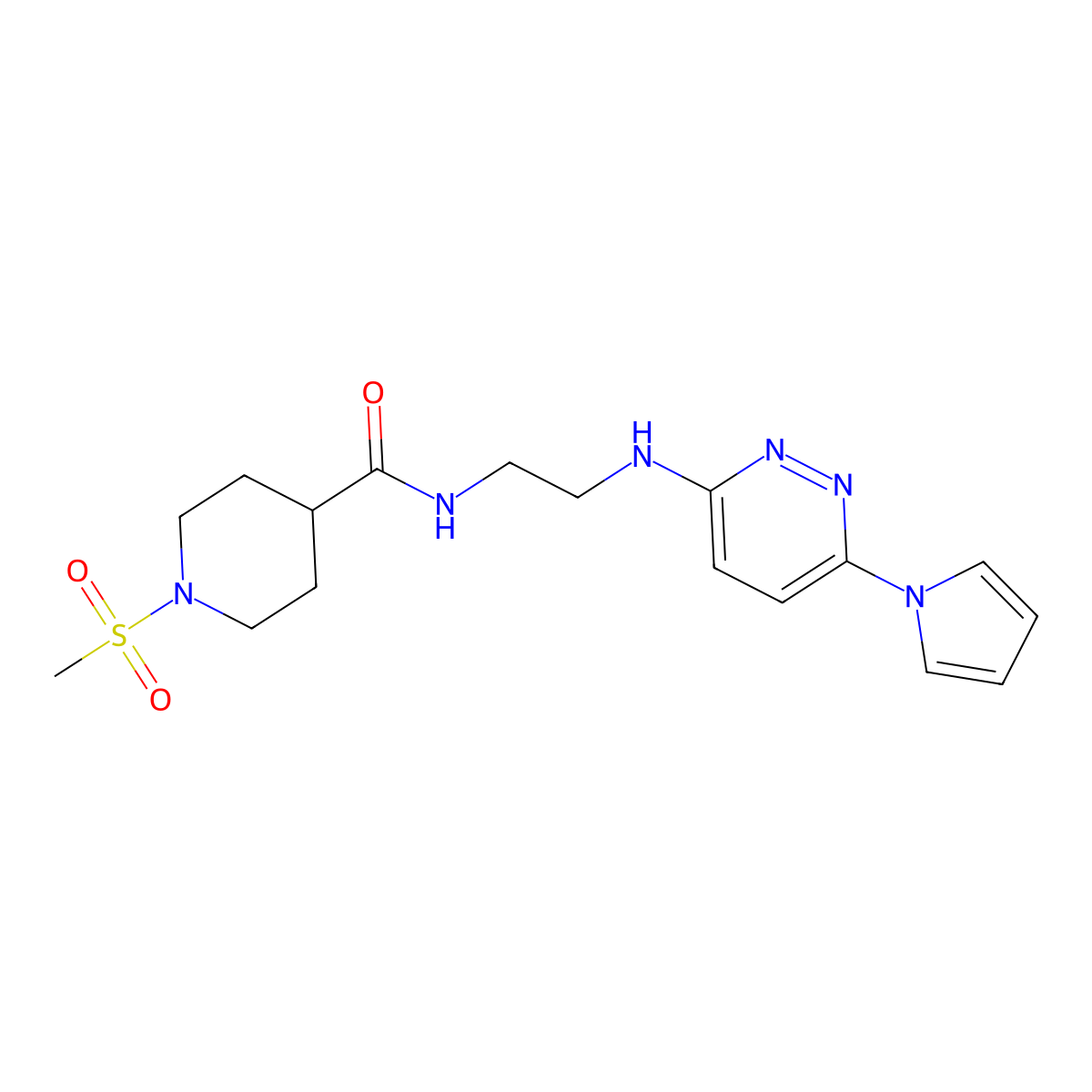 N-(2-((6-(1H-pyrrol-1-yl)pyridazin-3-yl)amino)ethyl)-1-(methylsulfonyl)piperidine-4-carboxamide molecular structure, CAS 1428378-08-8