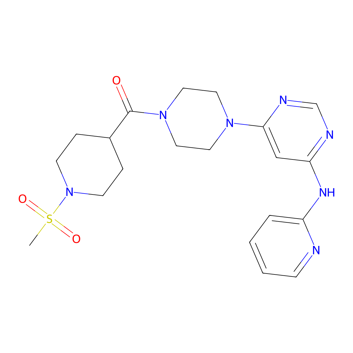 (1-(Methylsulfonyl)piperidin-4-yl)(4-(6-(pyridin-2-ylamino)pyrimidin-4-yl)piperazin-1-yl)methanone molecular structure, CAS 1428378-10-2