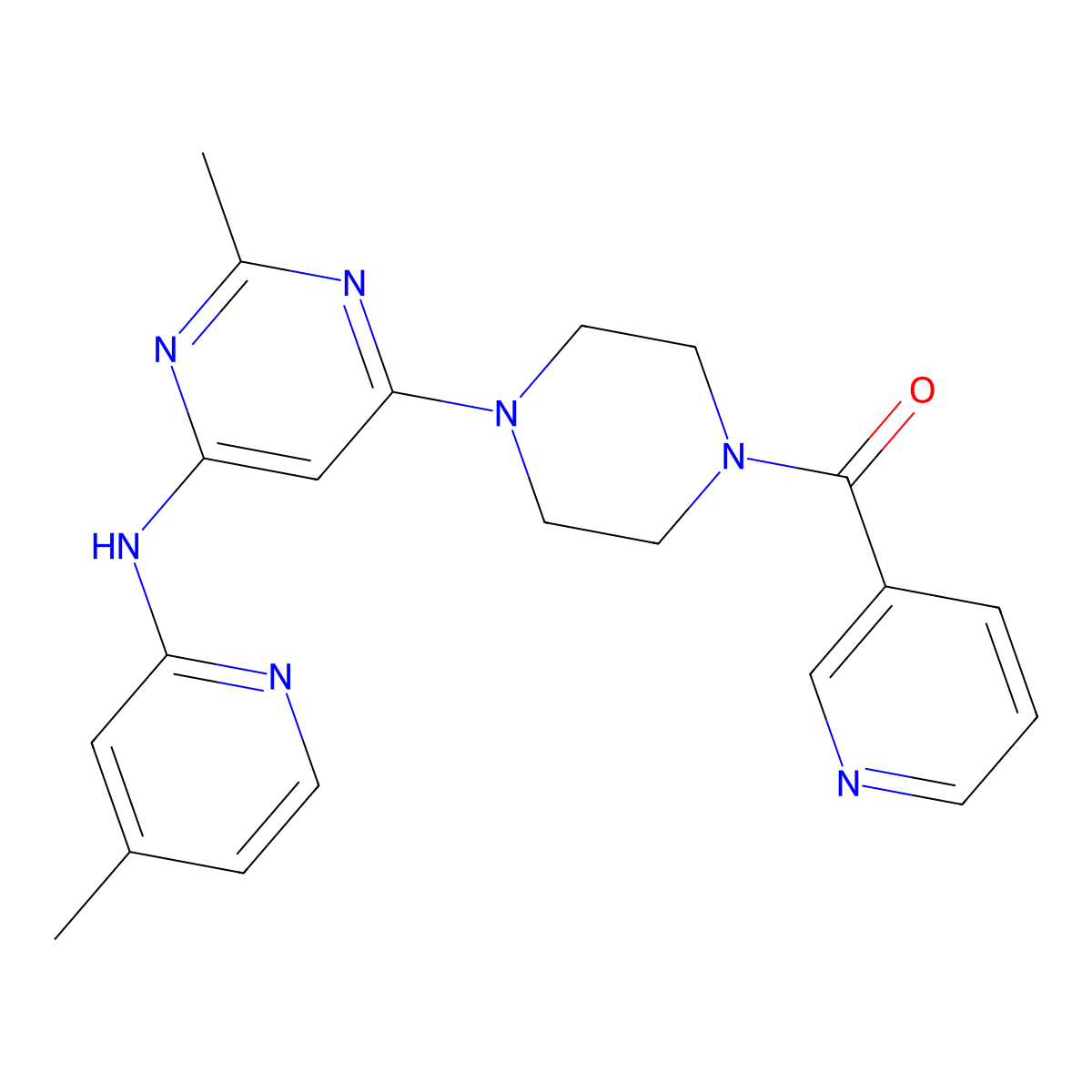 (4-(2-Methyl-6-((4-methylpyridin-2-yl)amino)pyrimidin-4-yl)piperazin-1-yl)(pyridin-3-yl)methanone molecular structure, CAS 1428378-14-6