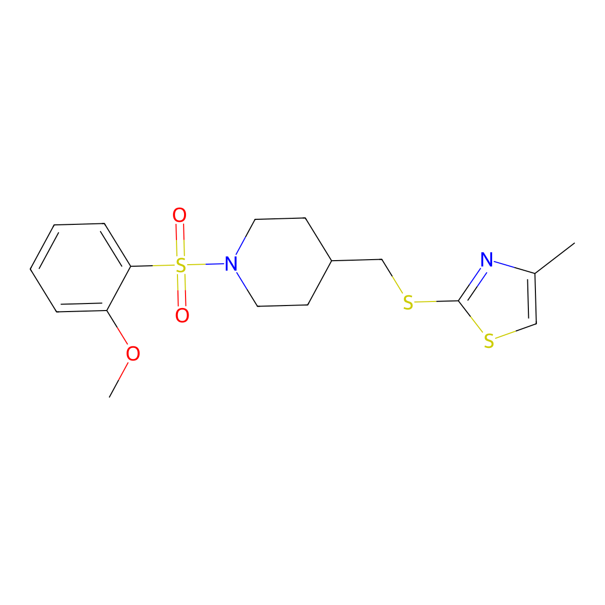 2-(((1-((2-Methoxyphenyl)sulfonyl)piperidin-4-yl)methyl)thio)-4-methylthiazole molecular structure, CAS 1428378-25-9