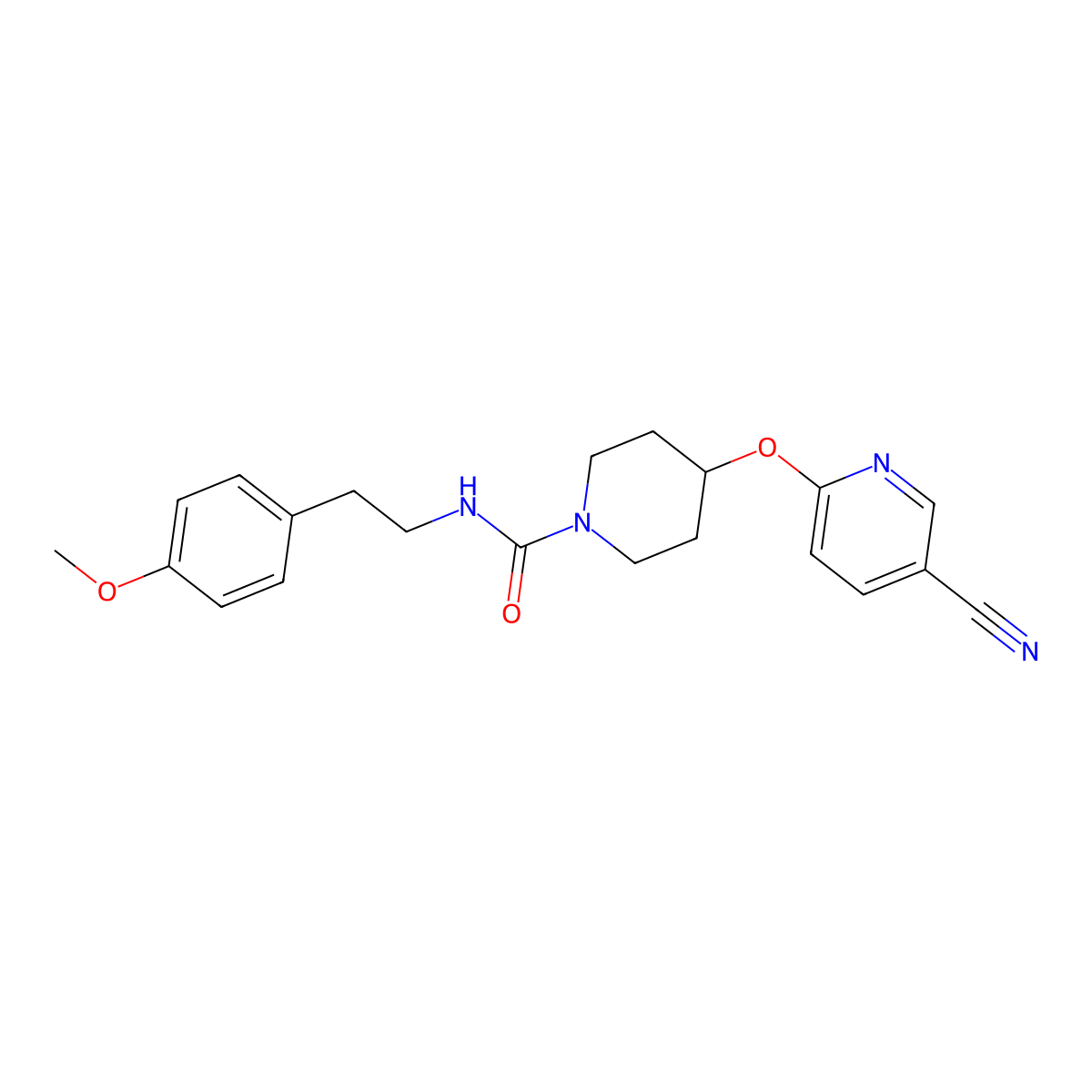 4-((5-cyanopyridin-2-yl)oxy)-N-(4-methoxyphenethyl)piperidine-1-carboxamide molecular structure, CAS 1428378-29-3