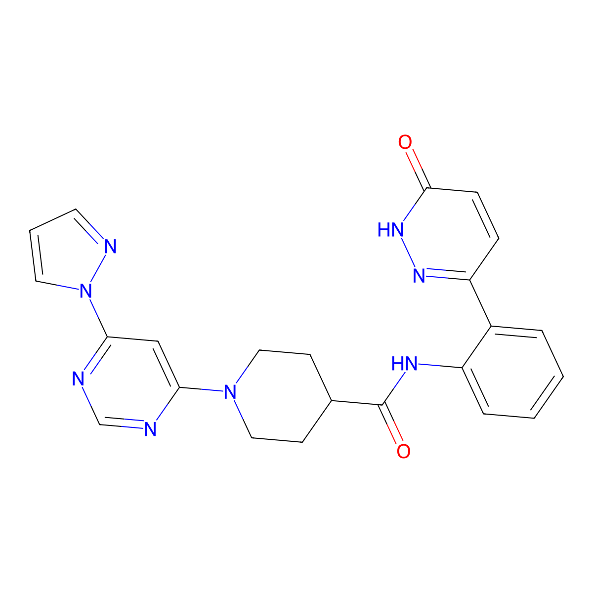 1-(6-(1H-pyrazol-1-yl)pyrimidin-4-yl)-N-(2-(6-oxo-1,6-dihydropyridazin-3-yl)phenyl)piperidine-4-carboxamide molecular structure, CAS 1428378-30-6