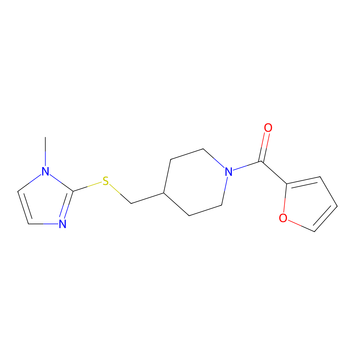 furan-2-yl(4-(((1-methyl-1H-imidazol-2-yl)thio)methyl)piperidin-1-yl)methanone molecular structure, CAS 1428378-31-7