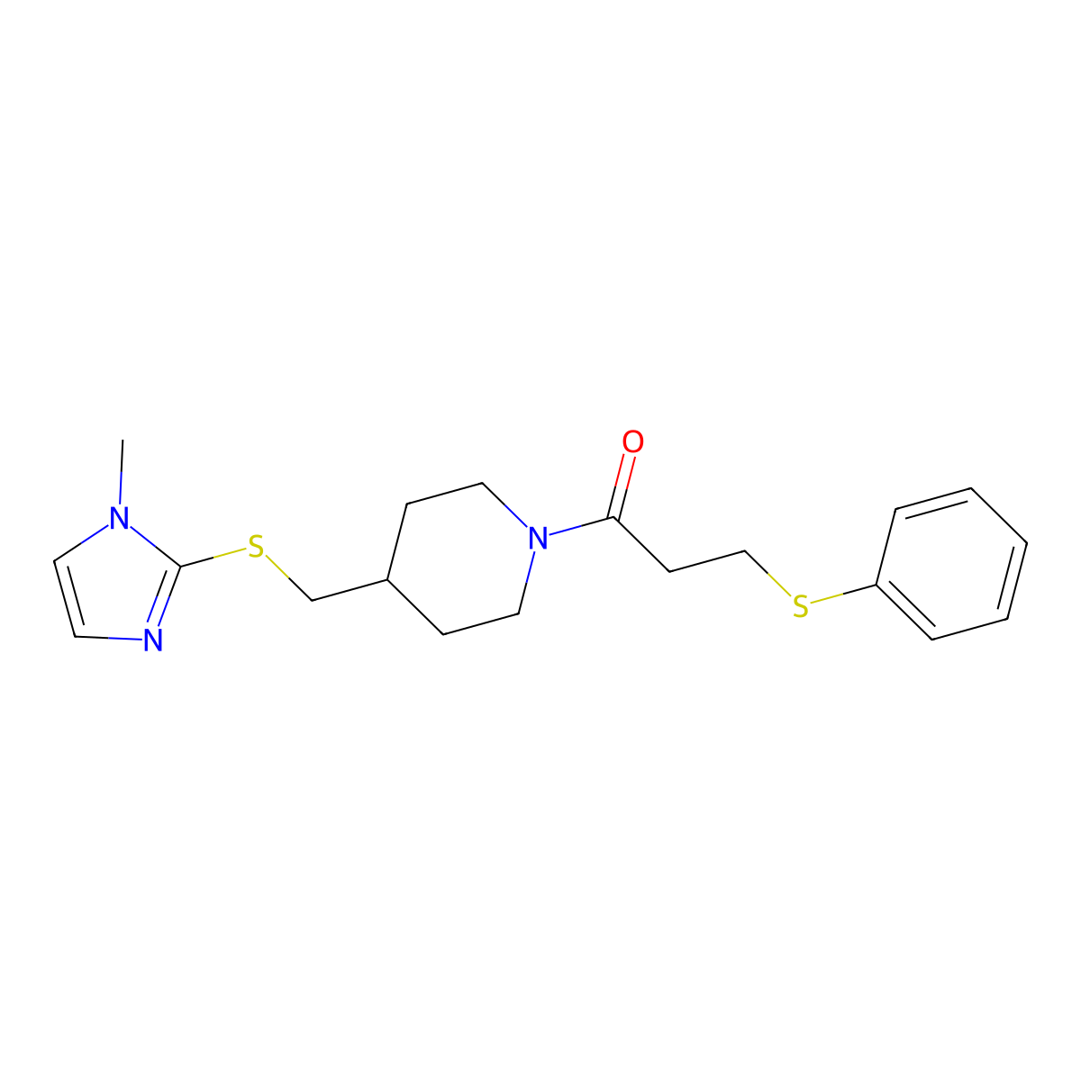 1-(4-(((1-methyl-1H-imidazol-2-yl)thio)methyl)piperidin-1-yl)-3-(phenylthio)propan-1-one molecular structure, CAS 1428378-37-3