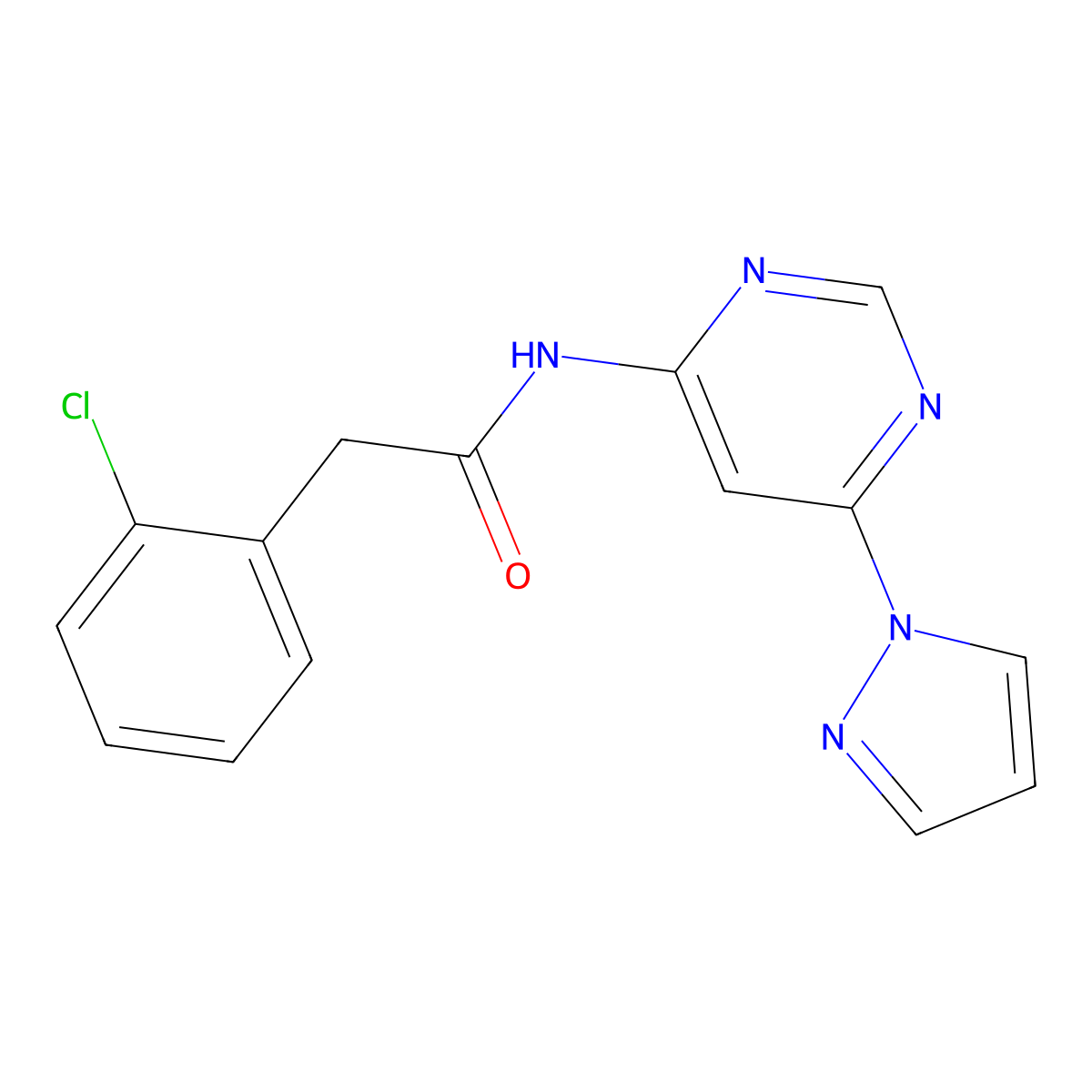 N-(6-(1H-pyrazol-1-yl)pyrimidin-4-yl)-2-(2-chlorophenyl)acetamide molecular structure, CAS 1428378-38-4
