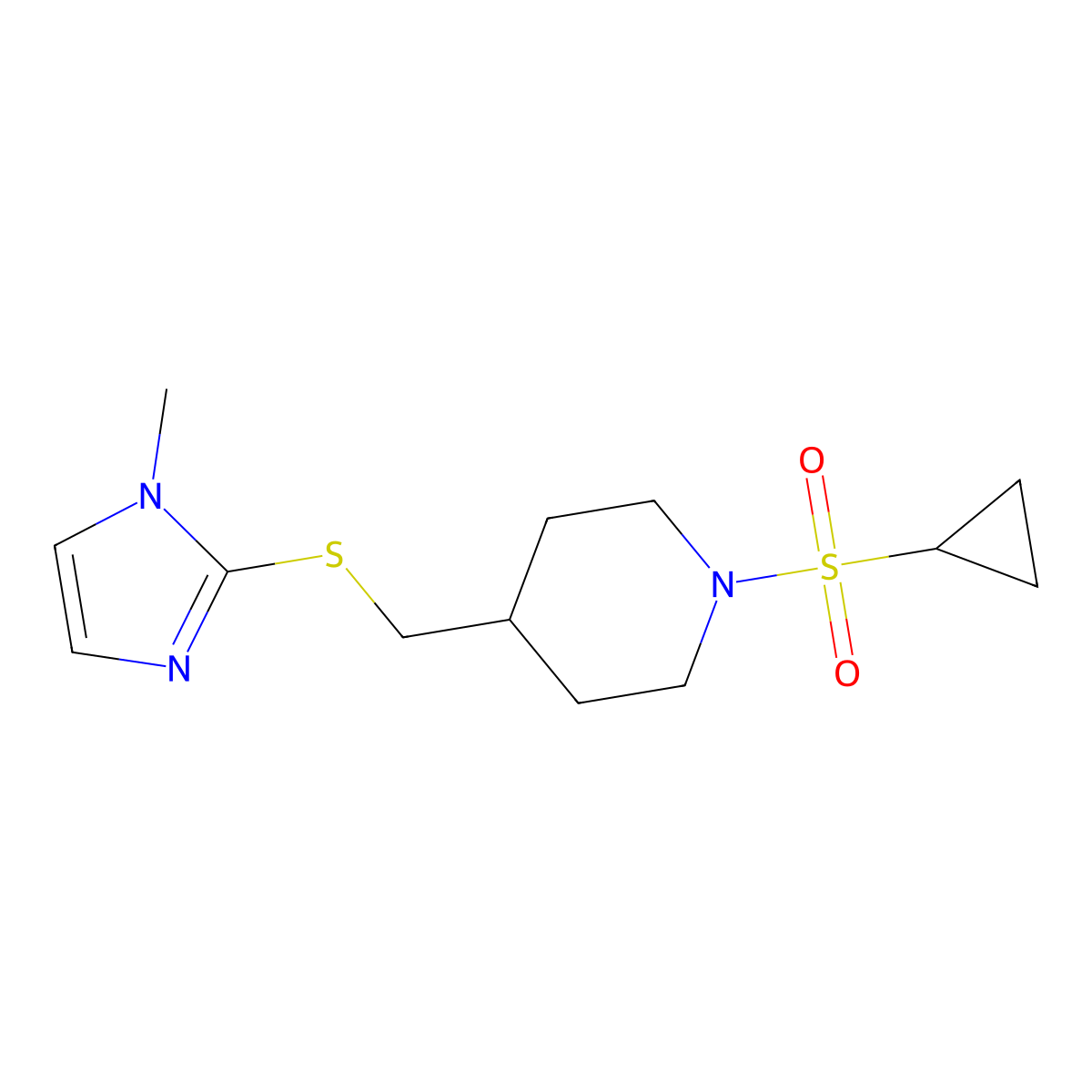 1-(cyclopropylsulfonyl)-4-(((1-methyl-1H-imidazol-2-yl)thio)methyl)piperidine molecular structure, CAS 1428378-40-8