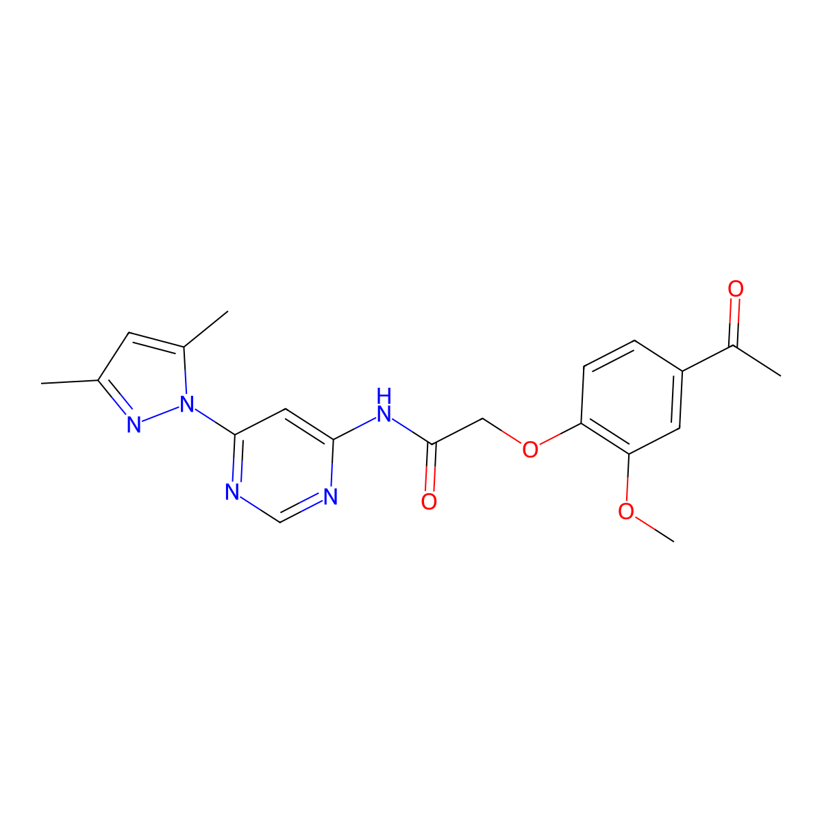 2-(4-acetyl-2-methoxyphenoxy)-N-[6-(3,5-dimethyl-1H-pyrazol-1-yl)pyrimidin-4-yl]acetamide molecular structure, CAS 1428378-46-4