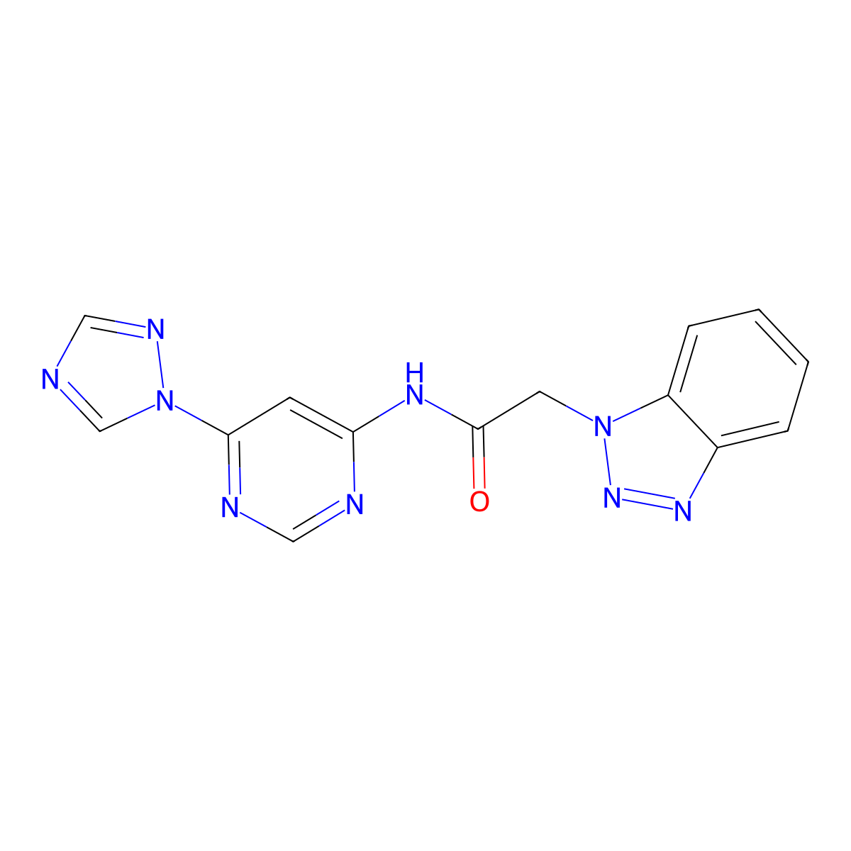 N-(6-(1H-1,2,4-triazol-1-yl)pyrimidin-4-yl)-2-(1H-benzo[d][1,2,3]triazol-1-yl)acetamide molecular structure, CAS 1428378-52-2