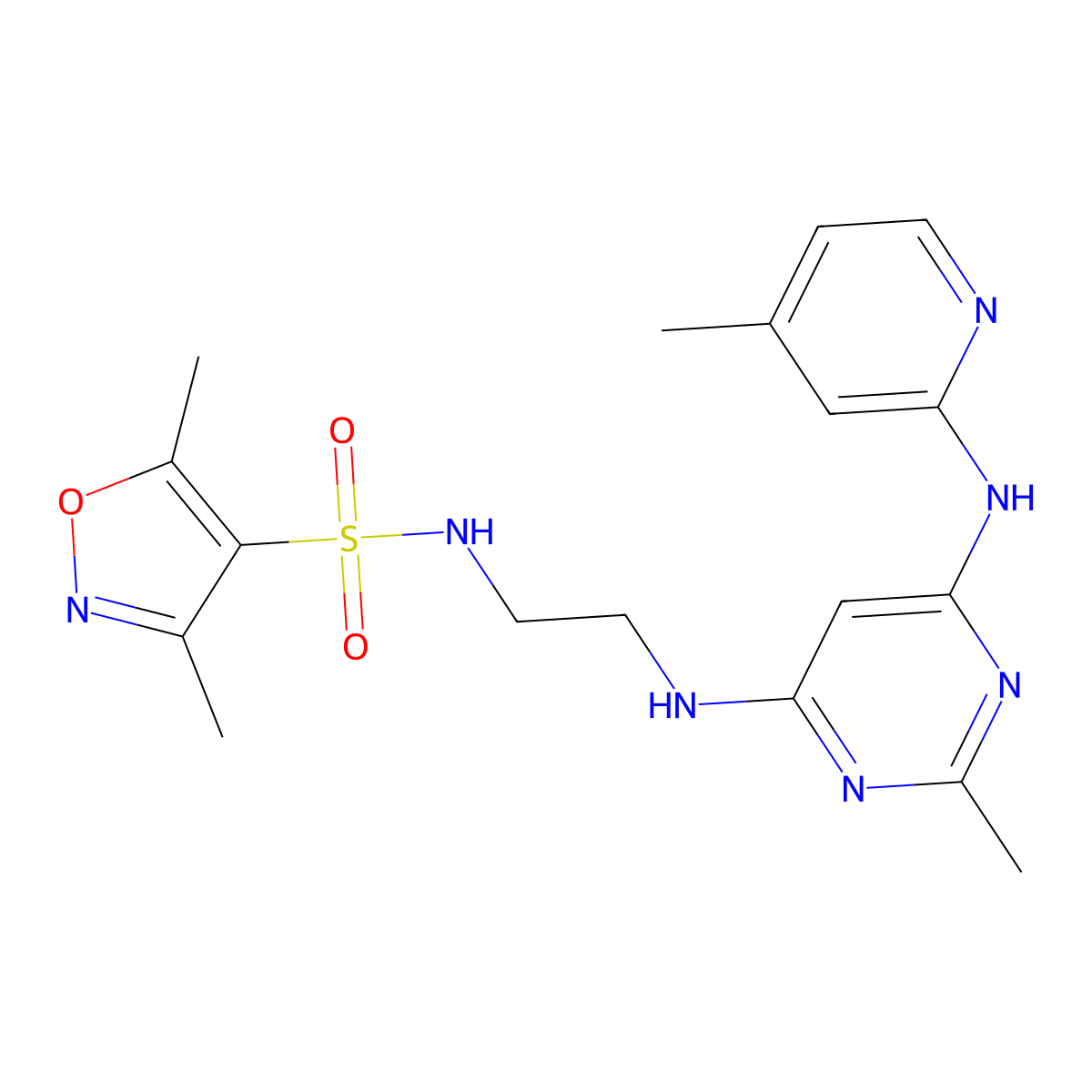 3,5-dimethyl-N-(2-((2-methyl-6-((4-methylpyridin-2-yl)amino)pyrimidin-4-yl)amino)ethyl)isoxazole-4-sulfonamide molecular structure, CAS 1428378-53-3