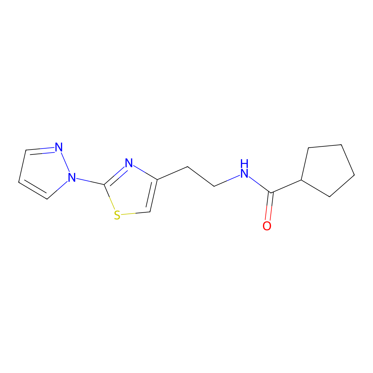 N-(2-(2-(1H-pyrazol-1-yl)thiazol-4-yl)ethyl)cyclopentanecarboxamide molecular structure, CAS 1428378-54-4