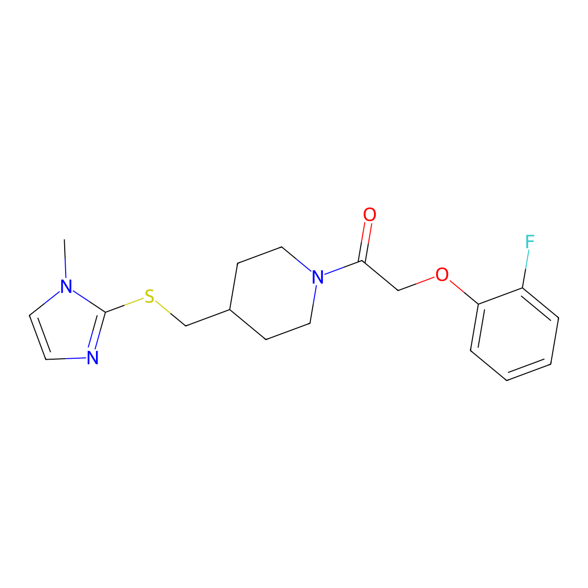 2-(2-fluorophenoxy)-1-(4-(((1-methyl-1H-imidazol-2-yl)thio)methyl)piperidin-1-yl)ethanone molecular structure, CAS 1428378-62-4